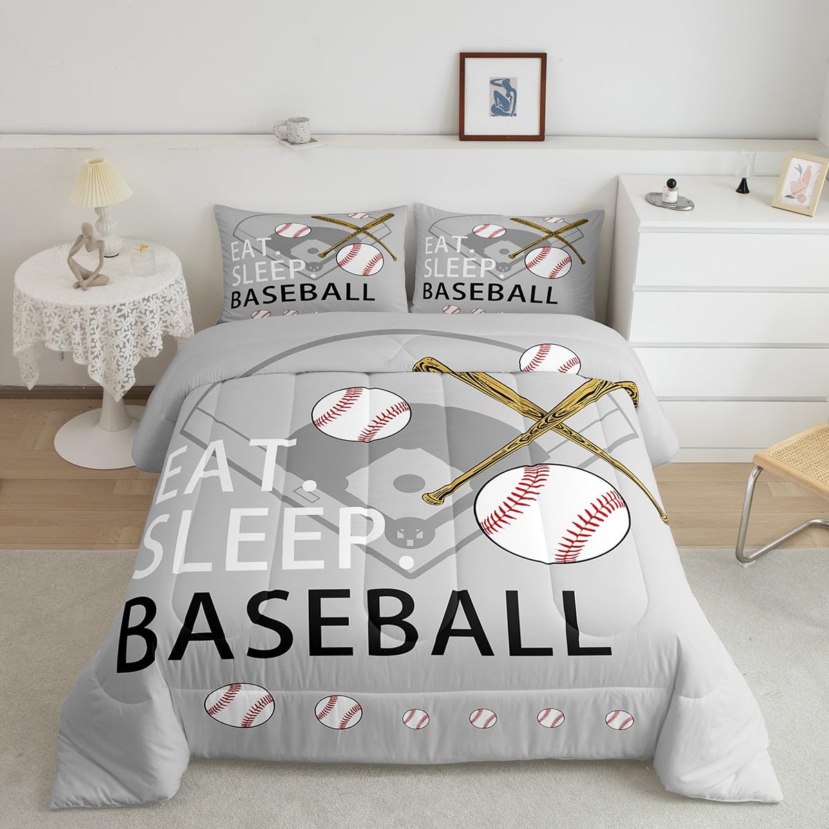 Feelyou Twin Size Baseball Comforter Set Boys Girls Grey Bedding Set for Kids Women Men Ultra Soft Gift for Baseball Lover Comfo