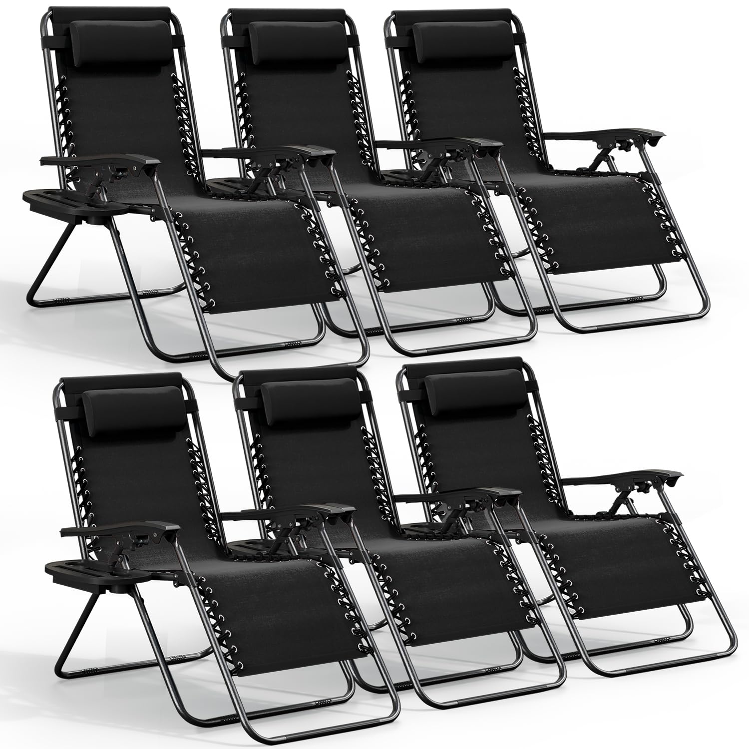 Nestl Zero Gravity Chairs Set of 6, Patio Lounge Chair Outdoor with Pillows & Cup Holder Trays, Adjustable Steel Mesh Reclining 