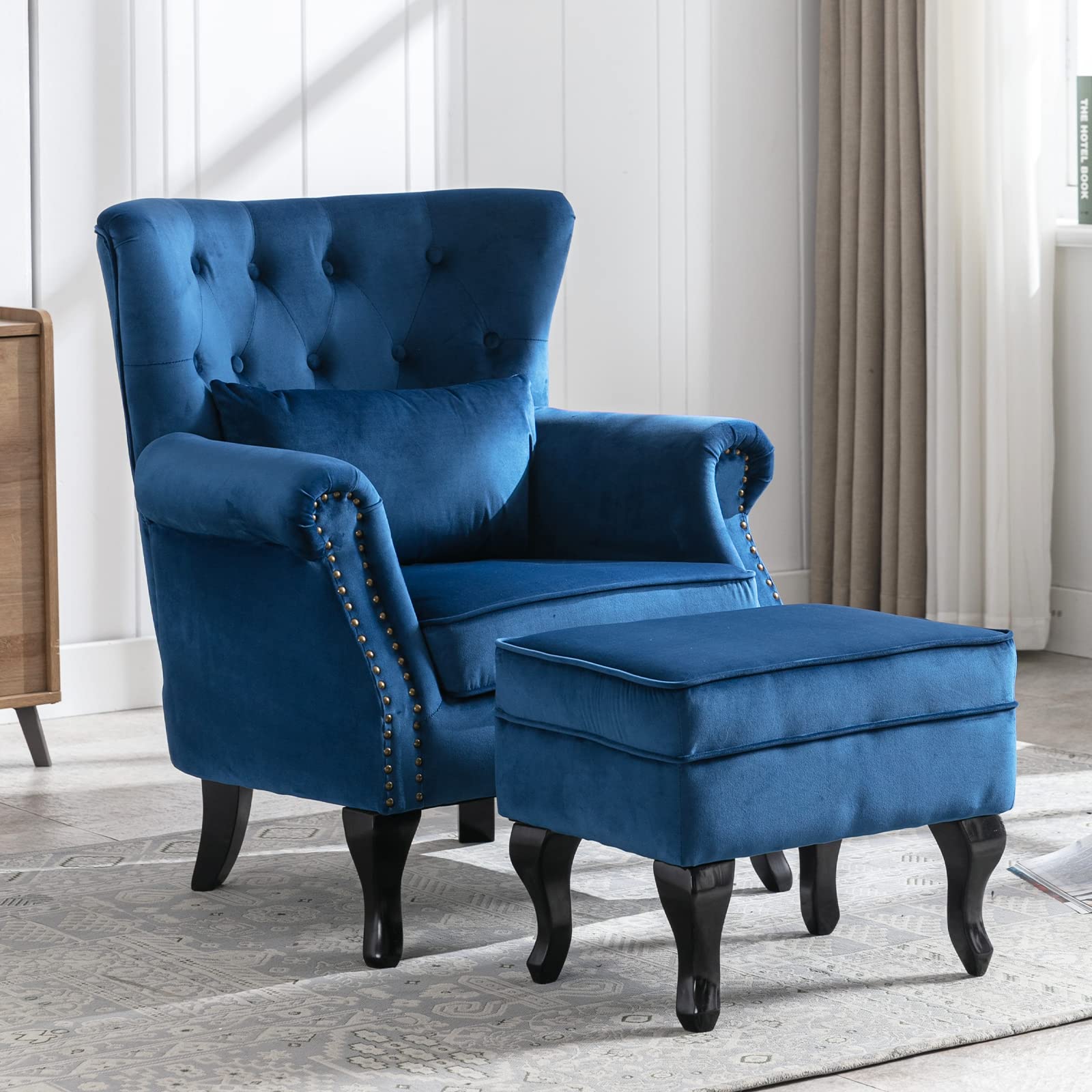 Janoray Mid Century Modern Accent Chair Upholstered Armchair Comfy Velvet Tufted Wingback Single Sofa with Ottoman for Bedroom L