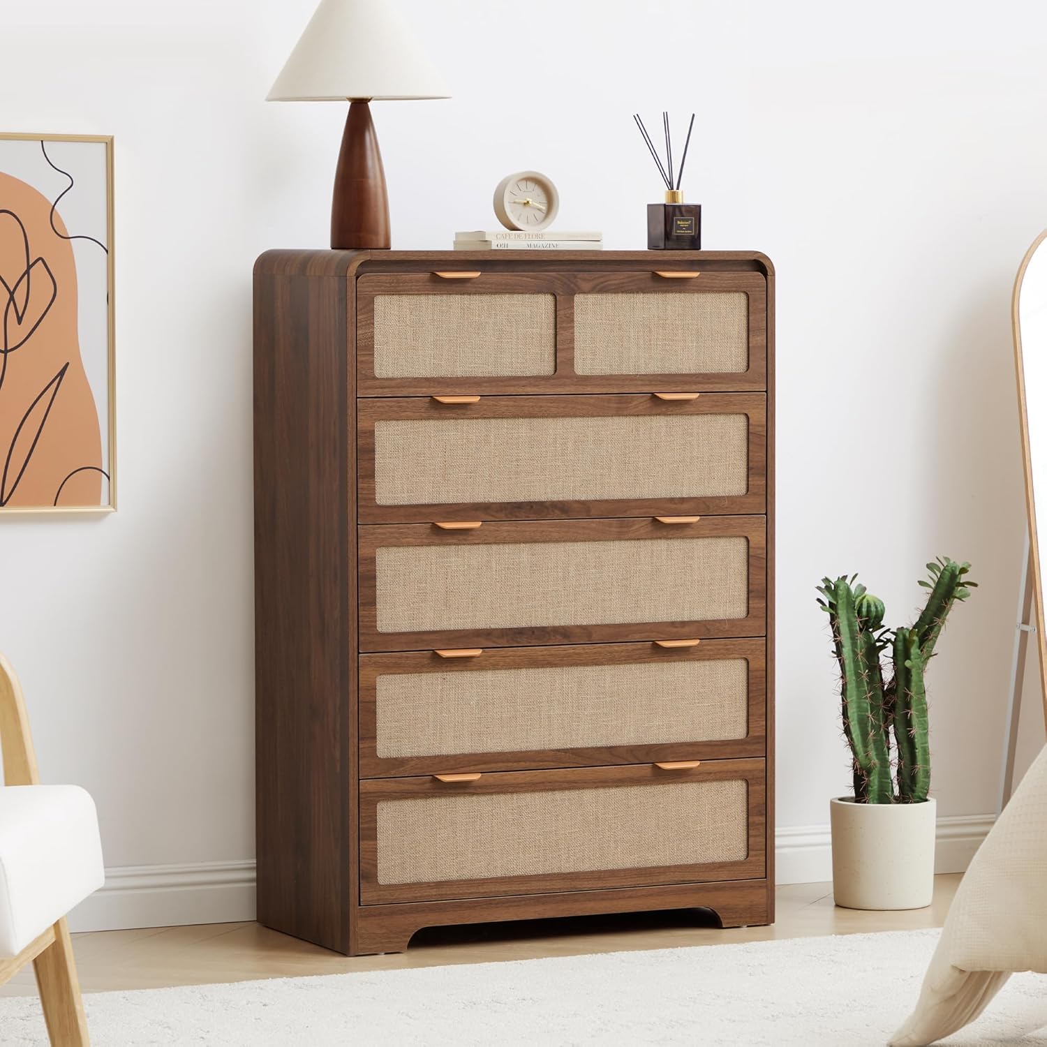 RUSTYER 43 Tall Dresser for Bedroom, 5 Drawer Mid Century Modern Dresser with Natural Linen, Curved Wood Chest of Drawers Closet