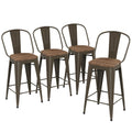 Yongqiang 24 inch Bar Stools Set of 4 Kitchen Counter Height Bar Chairs High Back Metal Barstools with Large Wooden Seat Industr