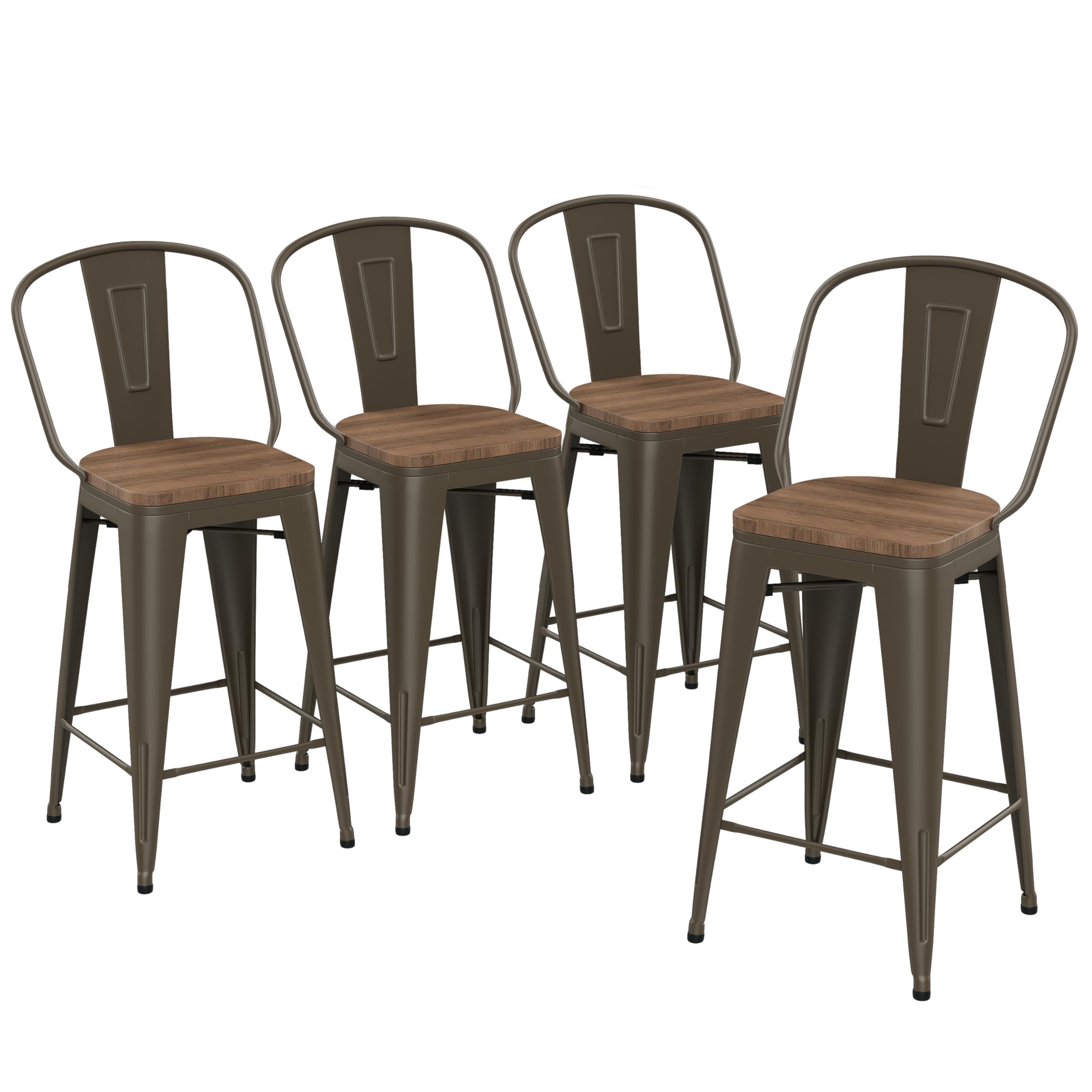 Yongqiang 24 inch Bar Stools Set of 4 Kitchen Counter Height Bar Chairs High Back Metal Barstools with Large Wooden Seat Industr