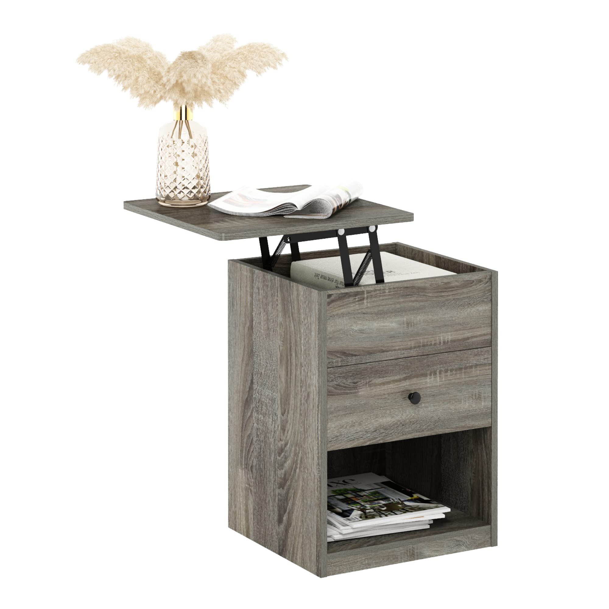 Furinno Jensen Lift Top Nightstand, French Oak Grey