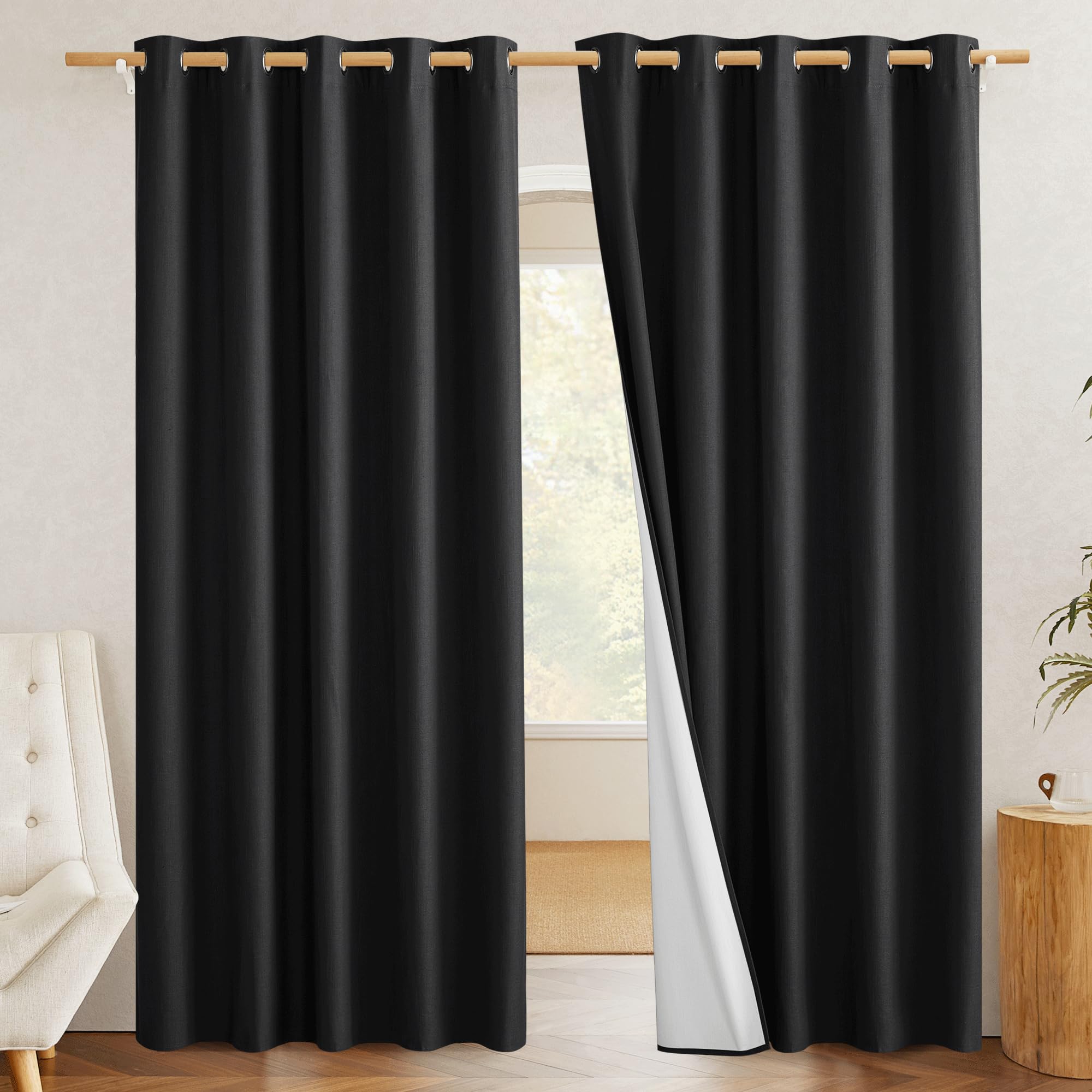 NICETOWN Vintage Open Linen Weave Flax Thermal Black Curtains for Holloween Decoration, 100% Blackout Curtains 84 Long 2 PCs for
