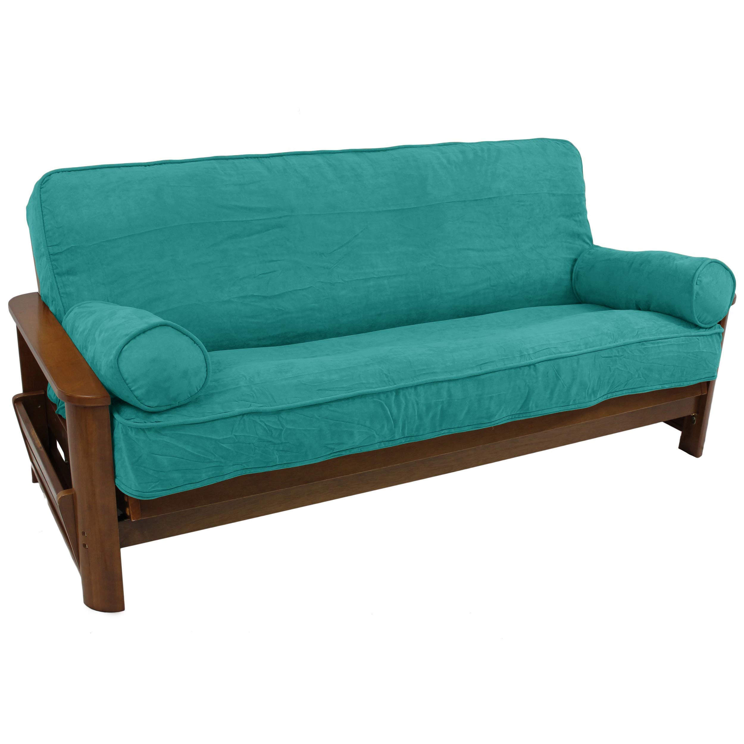 Blazing Needles Solid Microsuede Double Corded 8 to 9 Futon Cover Set with 2 Bolster Pillows (Set of 3), Full, Aqua Blue