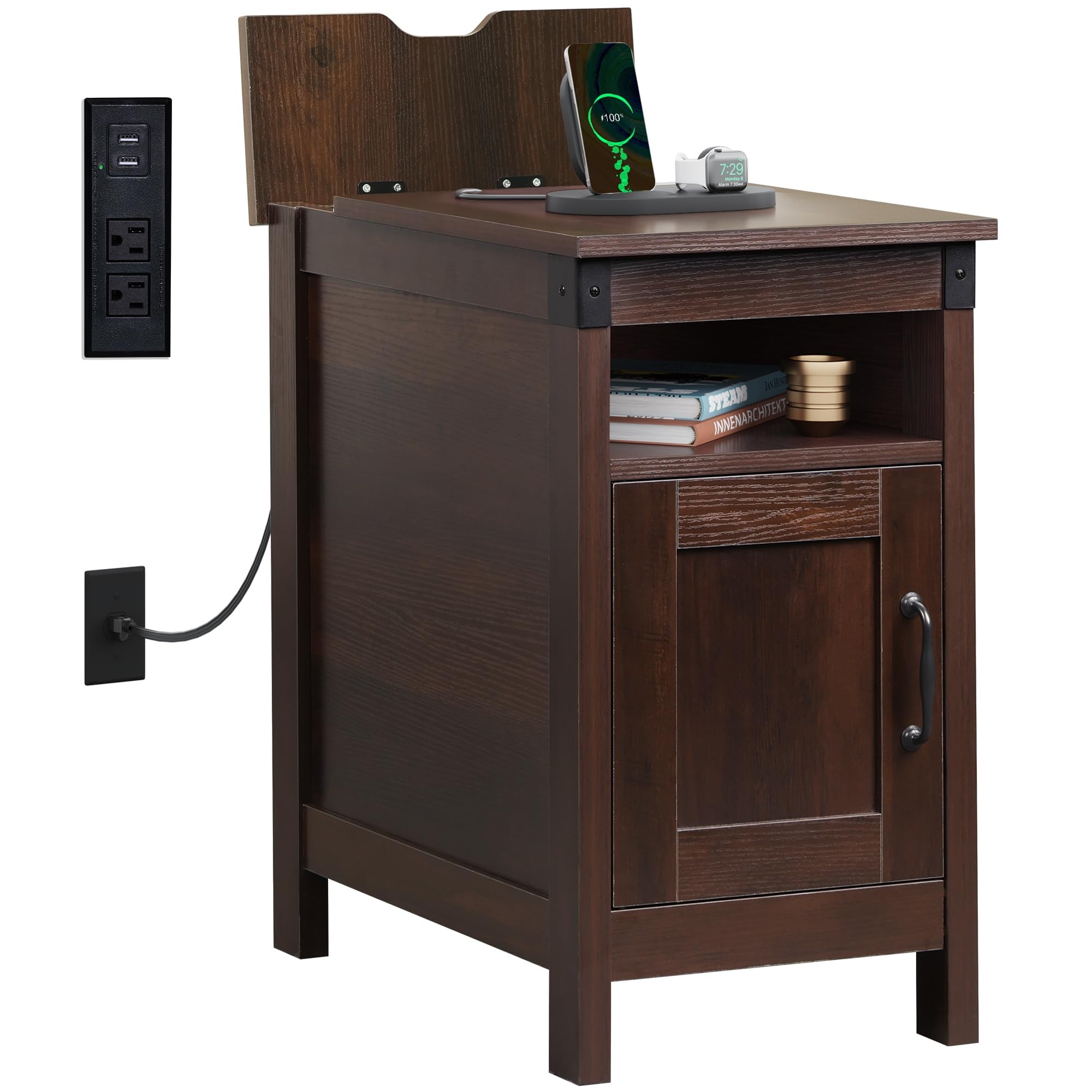 WLIVE Narrow End Table with Charging Station, Narrow Side Table for Living Room, Small Spaces, Couch, Narrow Night Stand with St