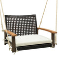 DORTALA Hanging Porch Swing, 1 Person Patio Wicker Swing Chair with Metal Frame, Cushion, Ropes & Hooks, Outdoor PE Rattan Swing