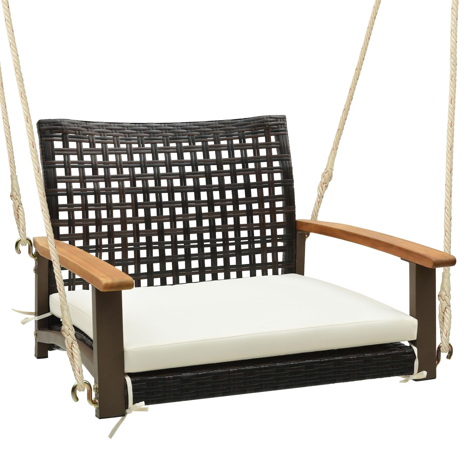 DORTALA Hanging Porch Swing, 1 Person Patio Wicker Swing Chair with Metal Frame, Cushion, Ropes & Hooks, Outdoor PE Rattan Swing