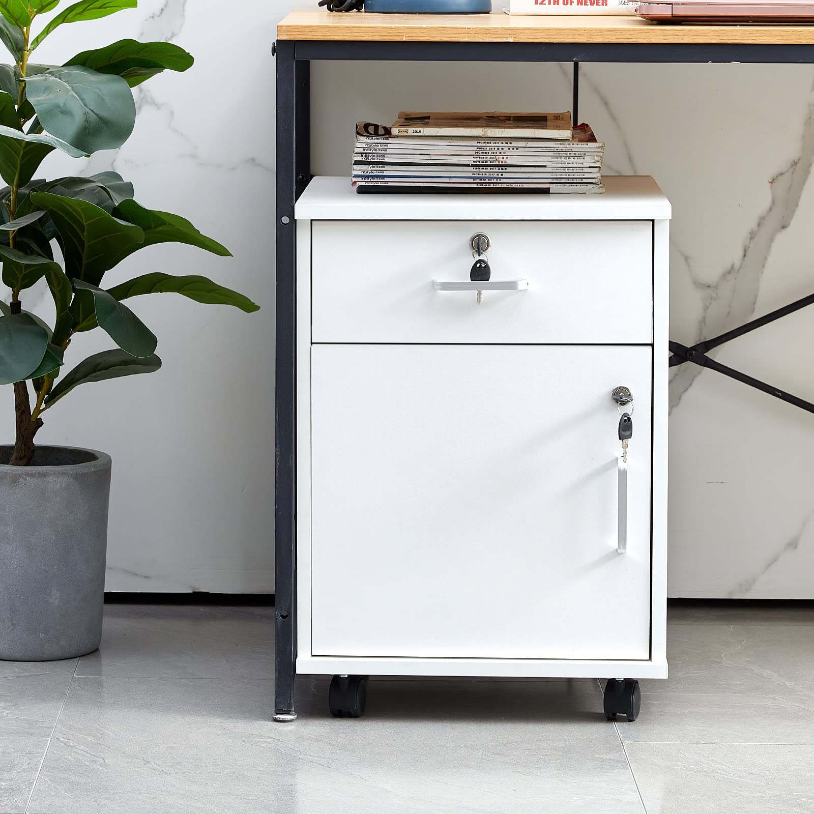 OFCASA Mobile File Cabinet with 1 Drawer 1 Door Cabinet Lockable Office Rolling Cabinet with Wheels White Industrial Wood Storag