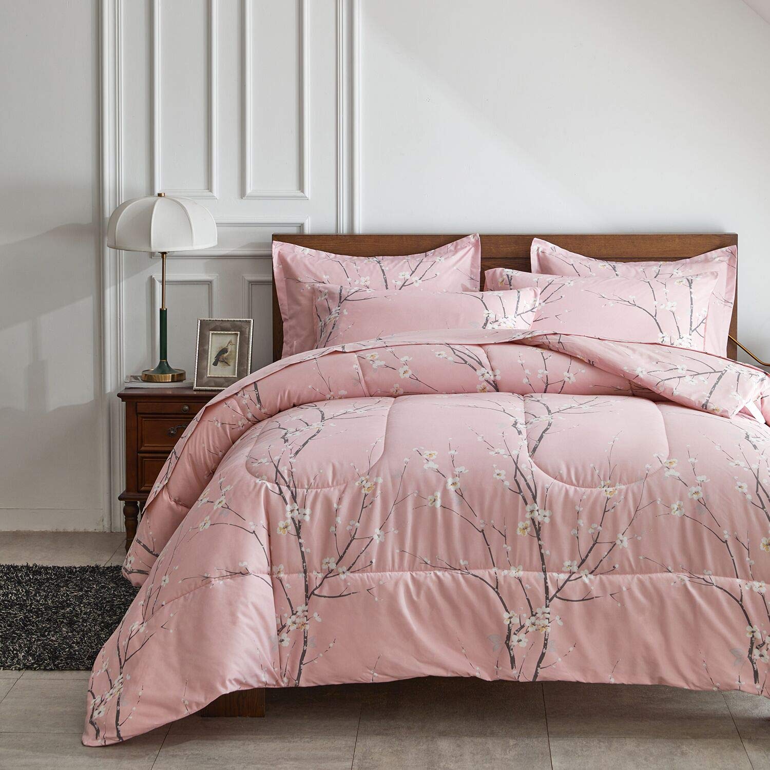 AIKASY Bed in a Bag 7 Pieces Queen Size - Floral Print - Soft Microfiber, Reversible Bed Comforter Set (1 Comforter, 2 Pillow Sh