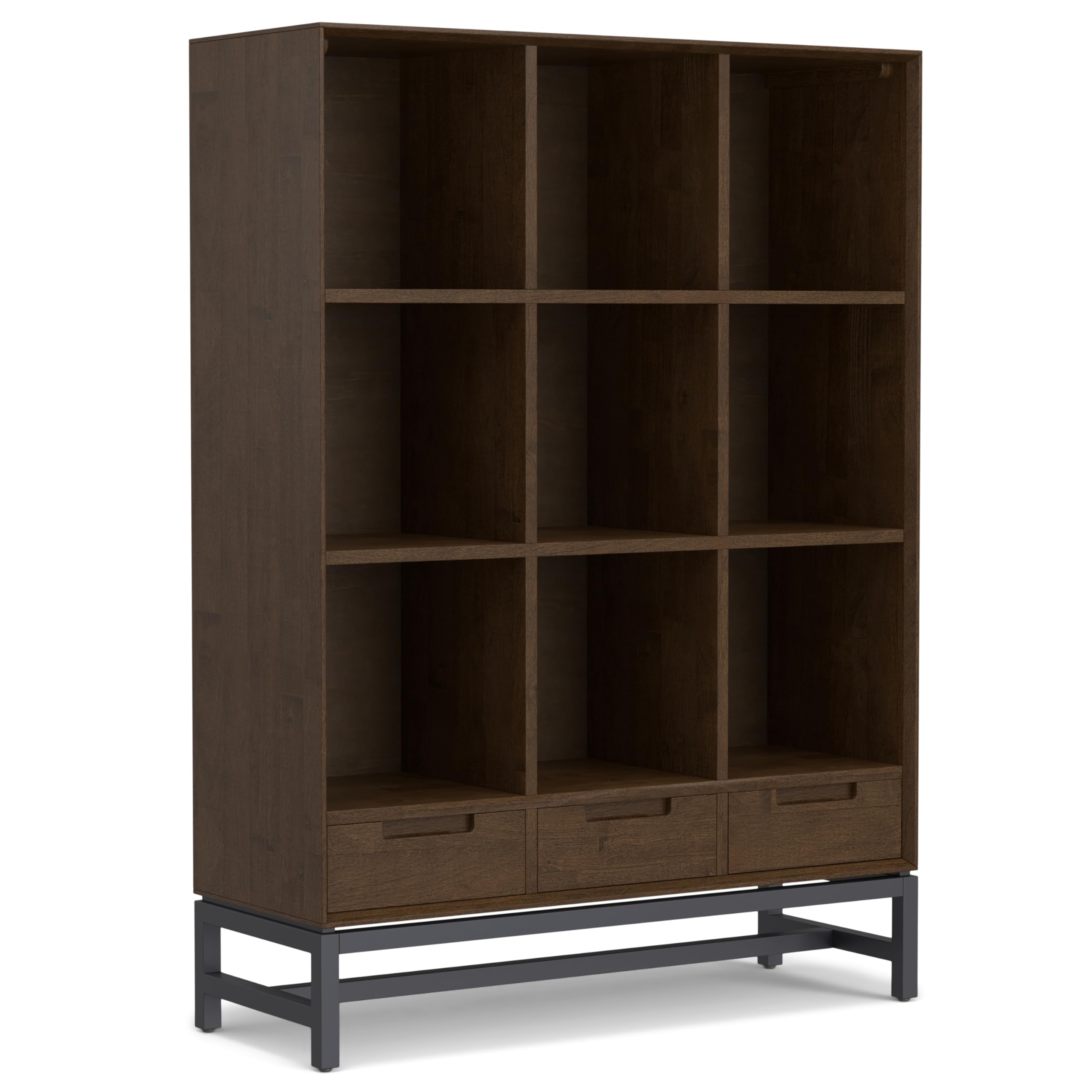 SIMPLIHOME Banting Solid Hardwood 58 inch x 42 inch Modern Industrial 9 Cube Bookcase with Drawers in Walnut Brown for The Livin