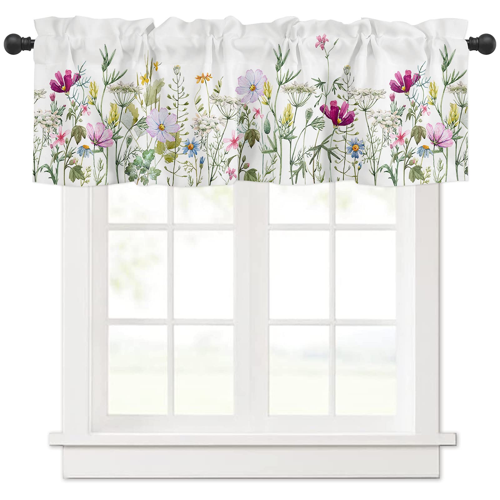 YOKOU Curtain Valance, Wildflowers Spring Watercolor Flower Floral Print Plants Short Rod Pocket Window Treatment for Living Roo