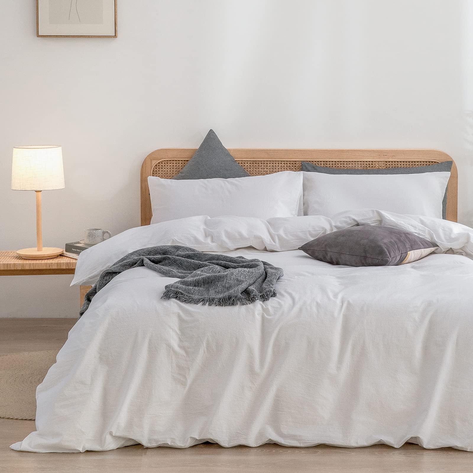 BESTOUCH Duvet Cover Set 100% Washed Cotton Linen Feel Super Soft Comfortable Chic Lightweight 3 PCs Home Bedding Set Solid Brig