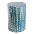 Benjara 20 Inch Capiz Accent Stool Table, Cylindrical Linear Pattern, Blue and White
