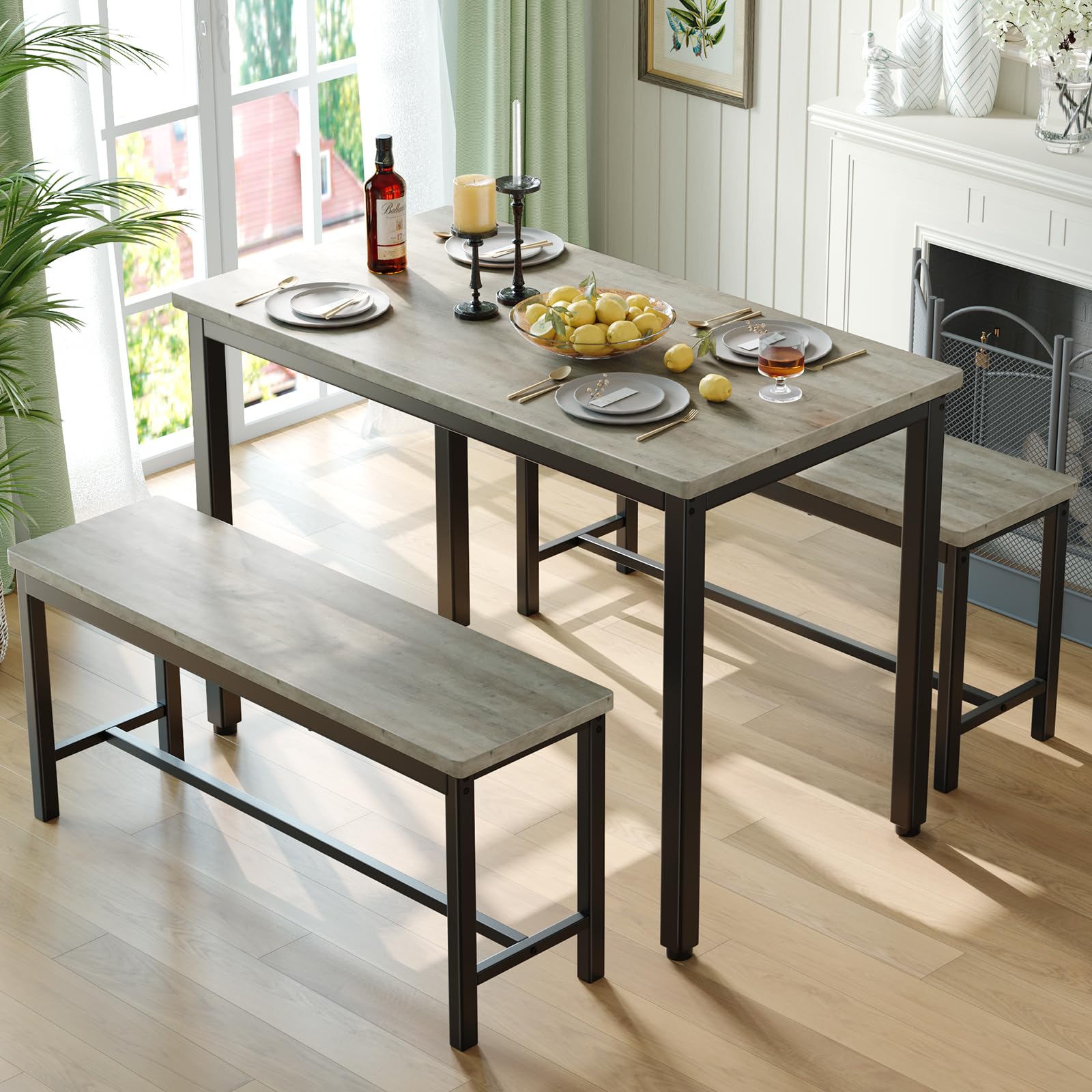 Tatub Dining Table Set for 4, 3-Piece Kitchen Table with 2 Benches, Space-Saving Dining Room Set for Breakfast Nook and Small Sp