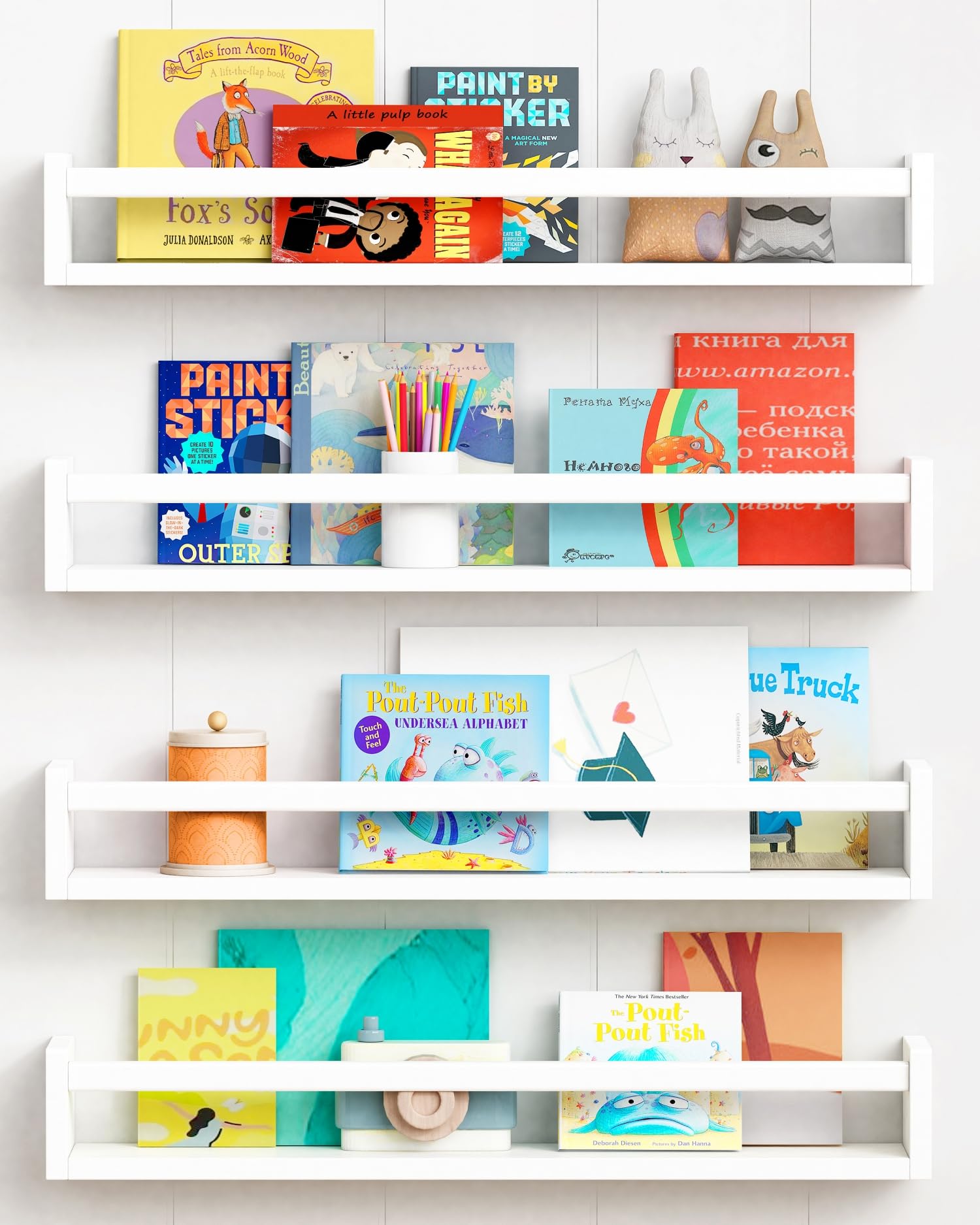 Forbena 24 Inch Wall Bookshelf for Kids Bedroom Set of 4, White Floating Nursery Book Shelves for Baby Toddler Children Girls Bo