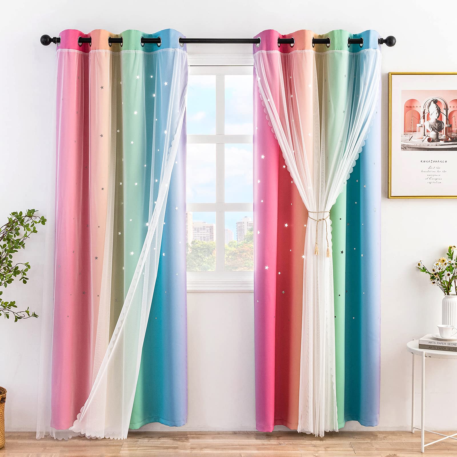 Stiio Kids Blackout Curtains 2 Panels, Star Cutout Ombre Stripe Rainbow Curtains Light Blocking Window Treatment for Girls Bedro