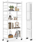 Himix Storage Shelves with 20 Hooks, 5-Tier Foldable Shelves for Storage, Folding Shelf Unit Pantry Shelves with Wheels, Metal S