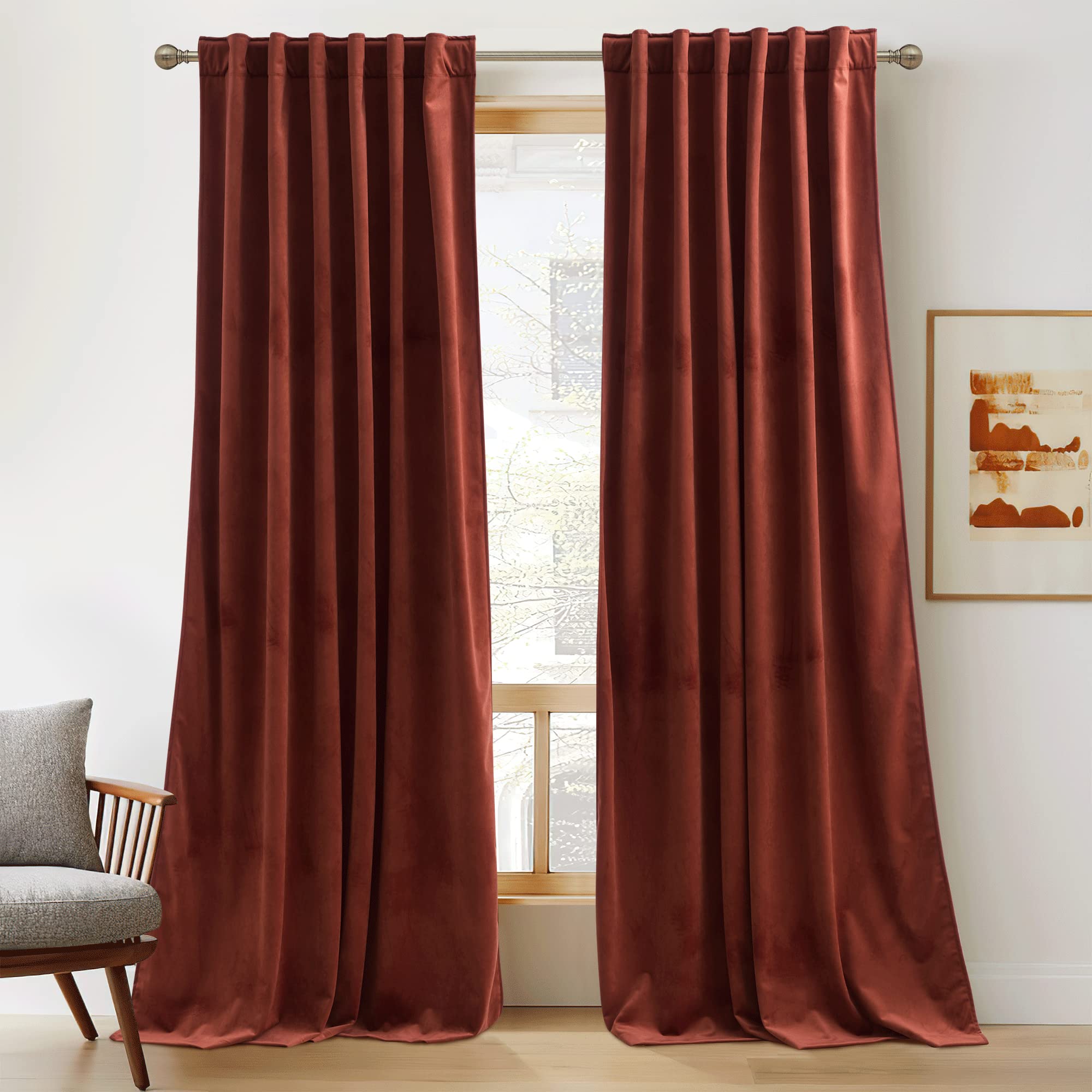 RYB Home Rust Red Velvet Curtains 90 inches Long, Thermal Insulated Panel for Bedroom Room Darkening Window Treatment for Holida