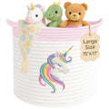 Unicorn Storage Basket for Nursery - Large 15   x11    Cotton Rope Bin with Soft Felt Animal Patch - Toy Organizer, Baby Laundry
