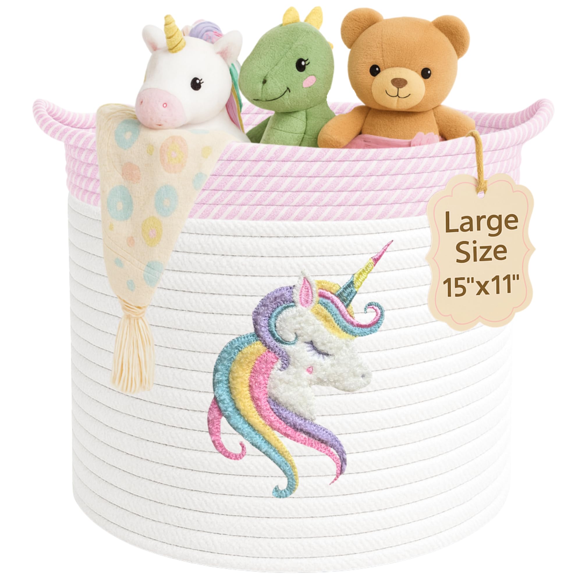 Unicorn Storage Basket for Nursery - Large 15   x11    Cotton Rope Bin with Soft Felt Animal Patch - Toy Organizer, Baby Laundry