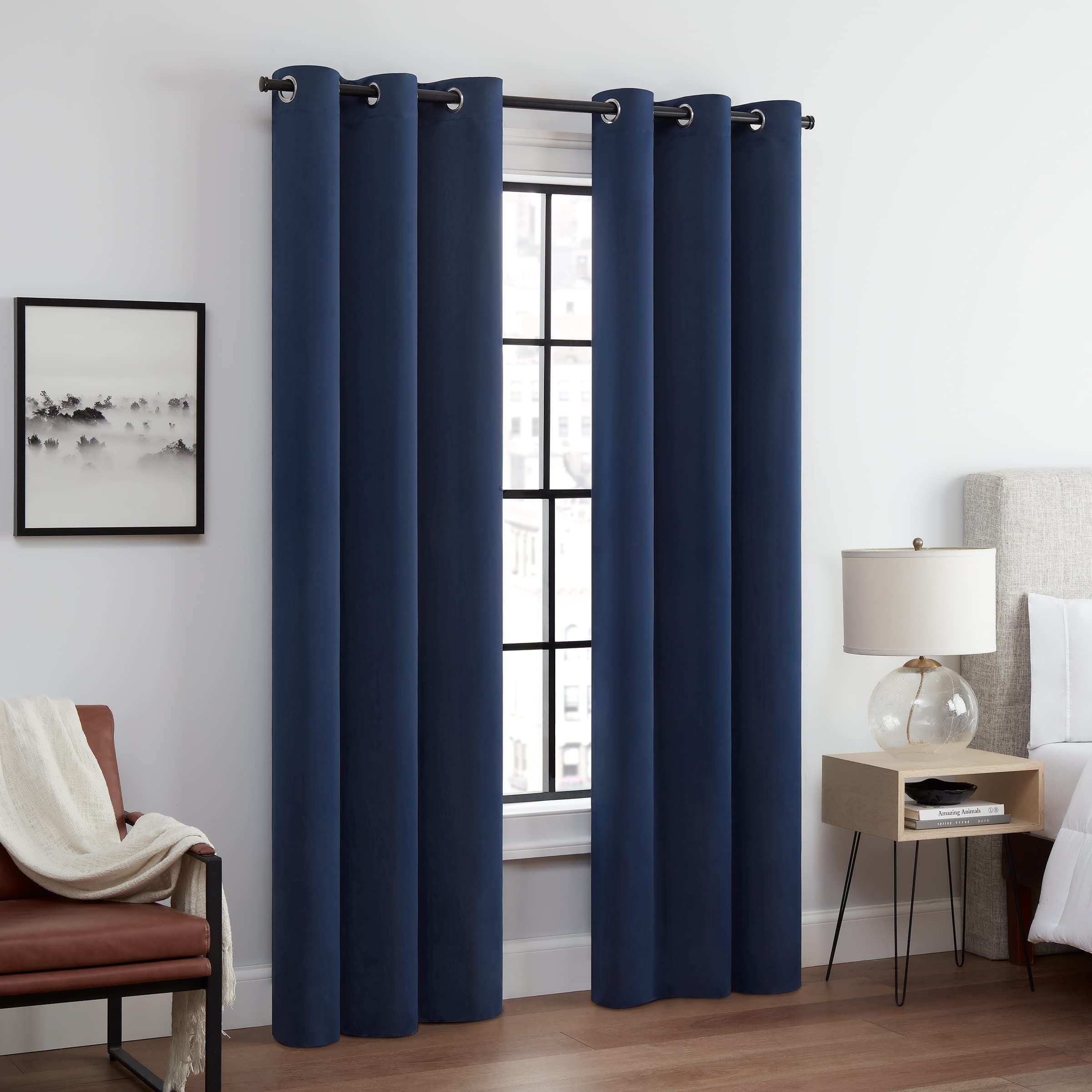 ECLIPSE Andover Solid Tripleweave Thermal Blackout Grommet Curtains for Bedroom (2 Panels), 42 in x 84 in, Navy