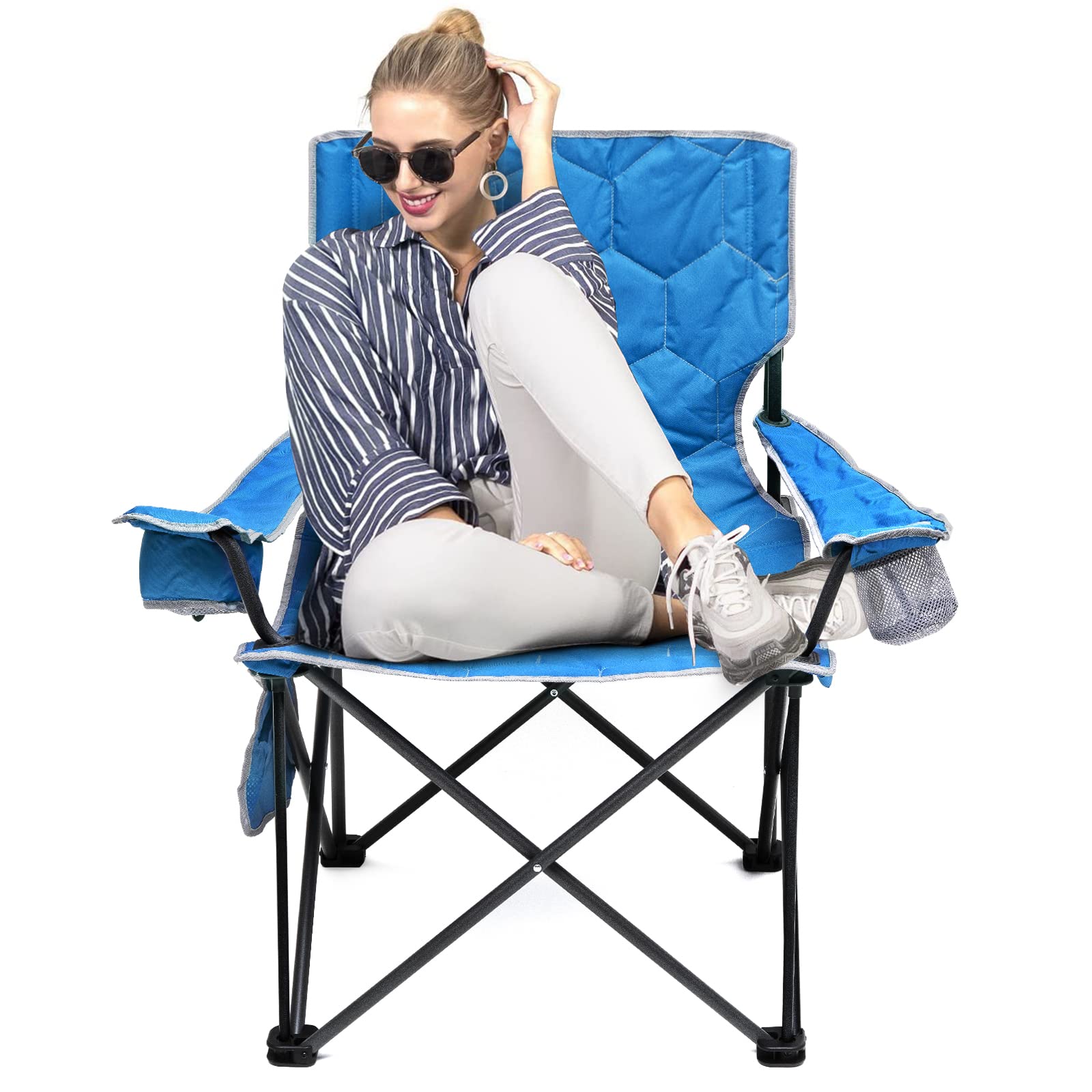 SUNNYFEEL Oversized Folding Camping Chair 500 LBS Heavy Duty Lawn Chairs with Blue Portable Folding with Armrest, Cup Holder, Po
