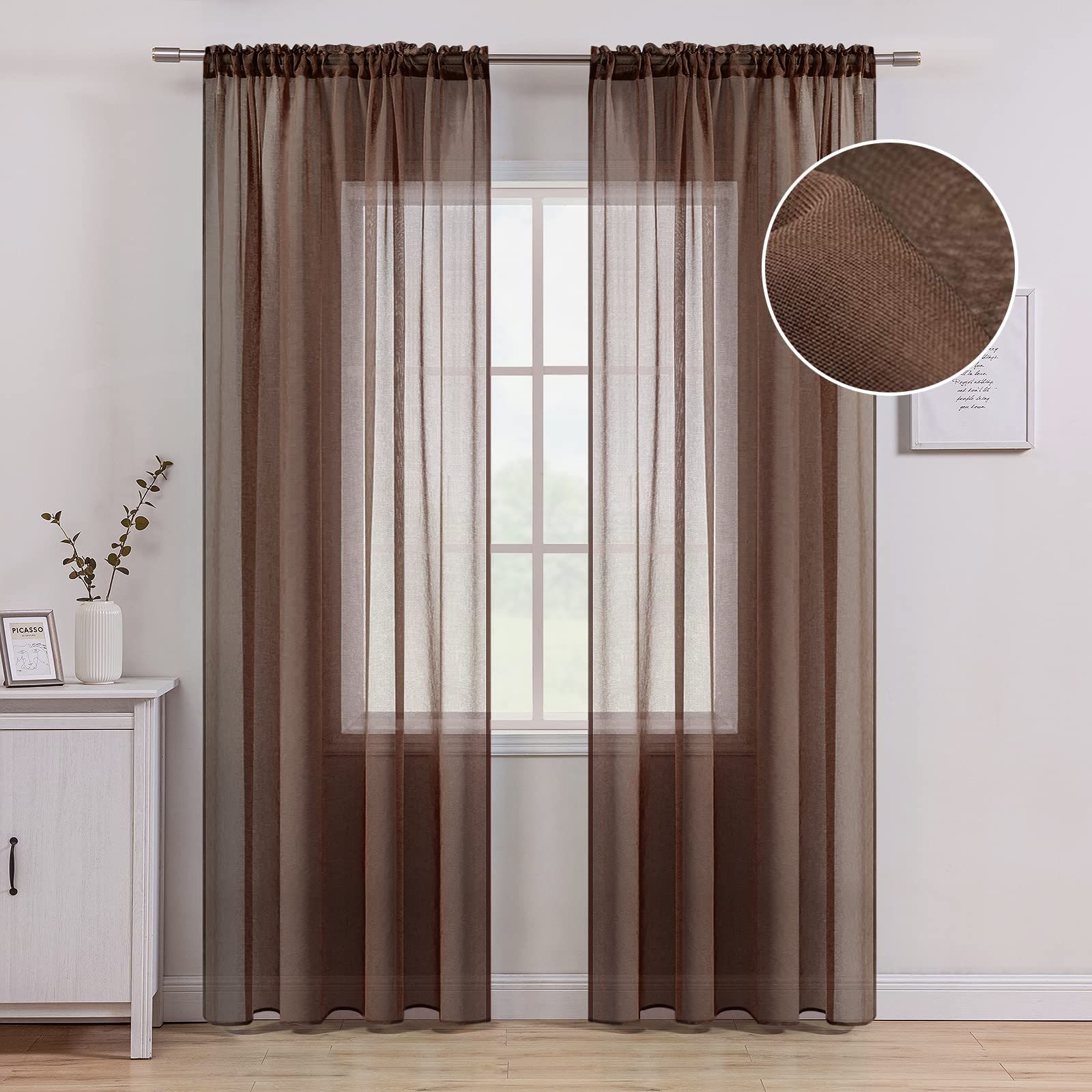 MIULEE Chocolate Brown Linen Textured Sheer Curtains 84 Inch Length 2 Panels Set for Bedroom/Living Room Semi Transparent Dark B