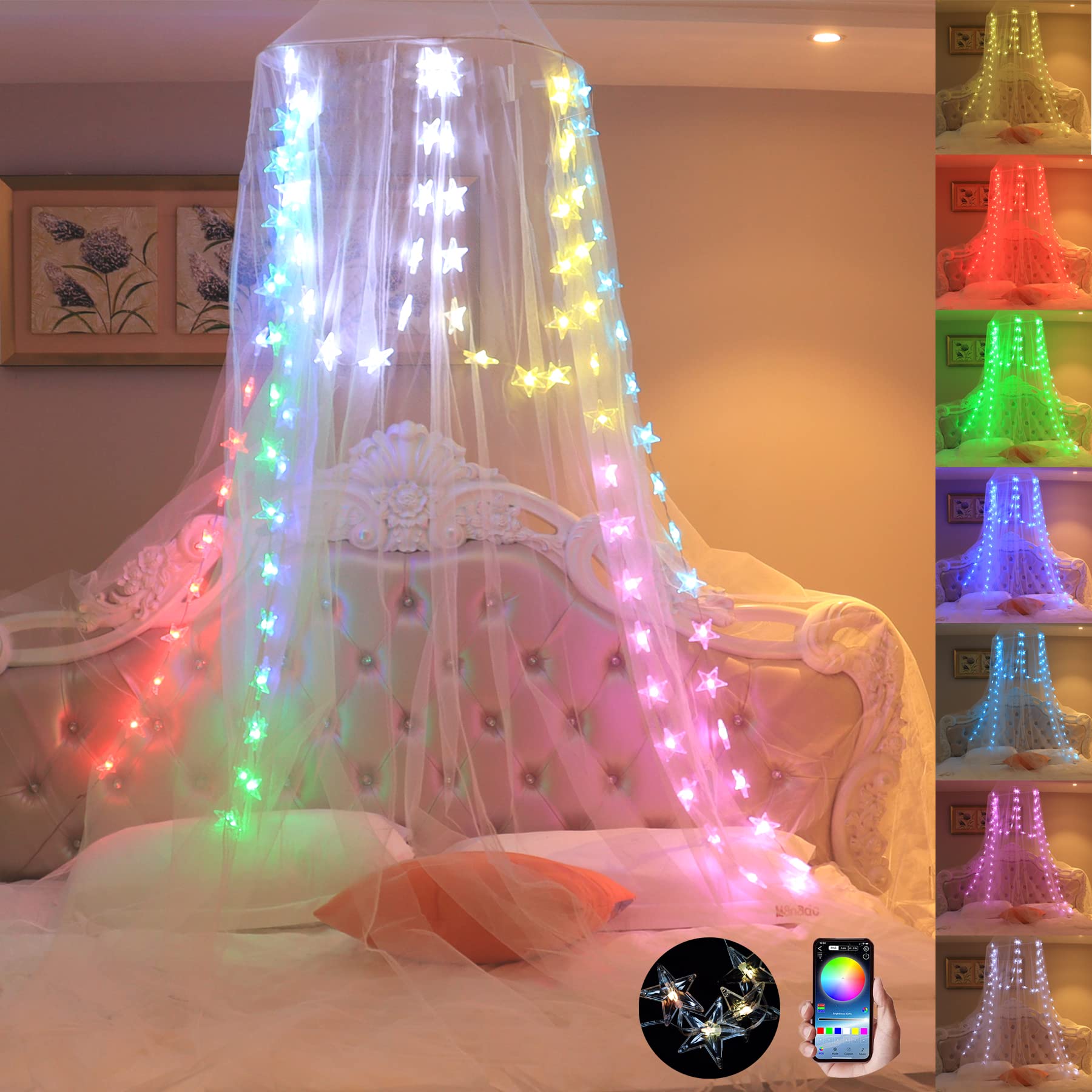 Comtelek Bed Canopy with Lights,Canopy Bed Curtain with RGB Music Sync Color Changing LED Star Lights with App Remote Mosquito N