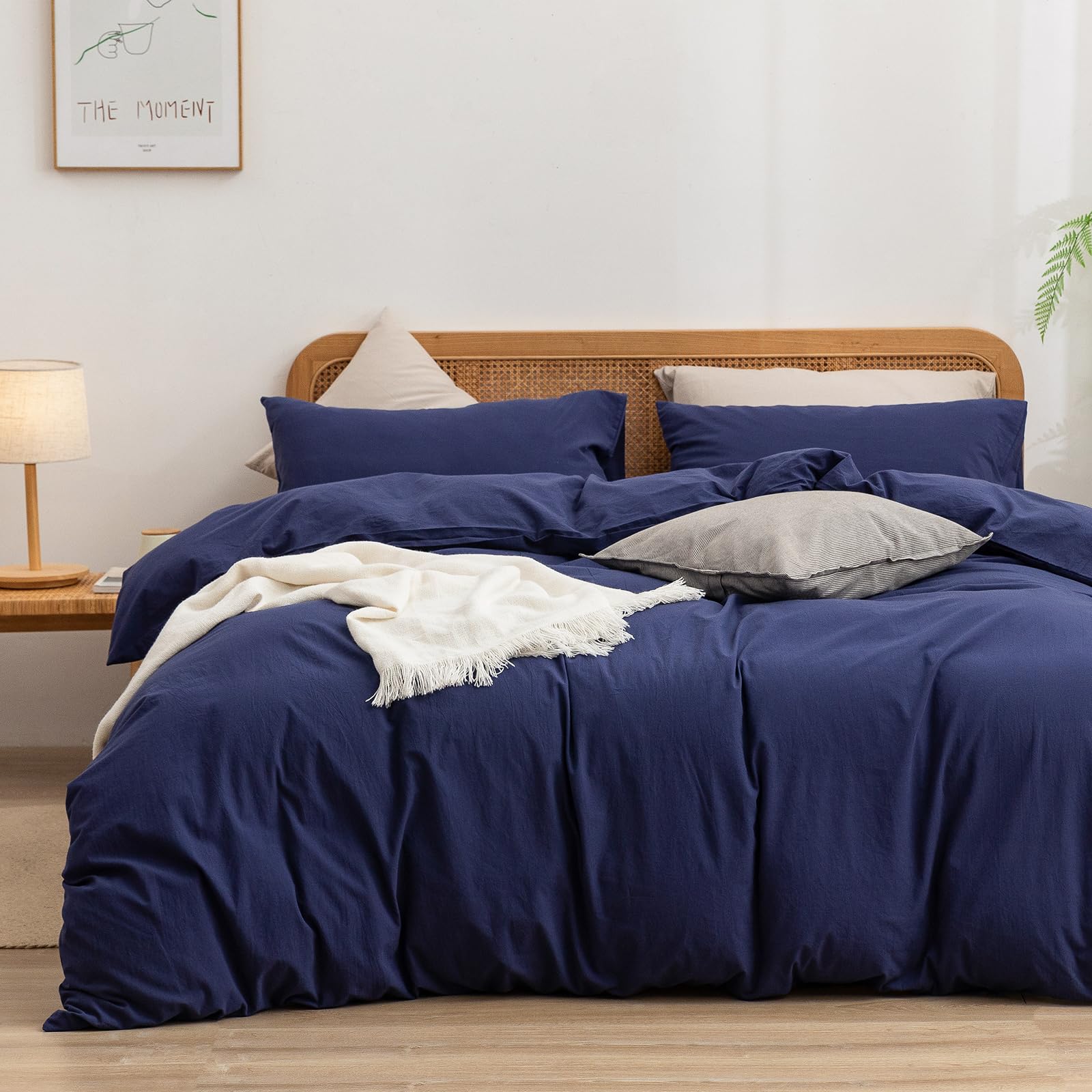 BESTOUCH Duvet Cover Set 100% Washed Cotton Linen Feel Super Soft Comfortable Chic Lightweight 2 PCs Home Bedding Set Solid Navy