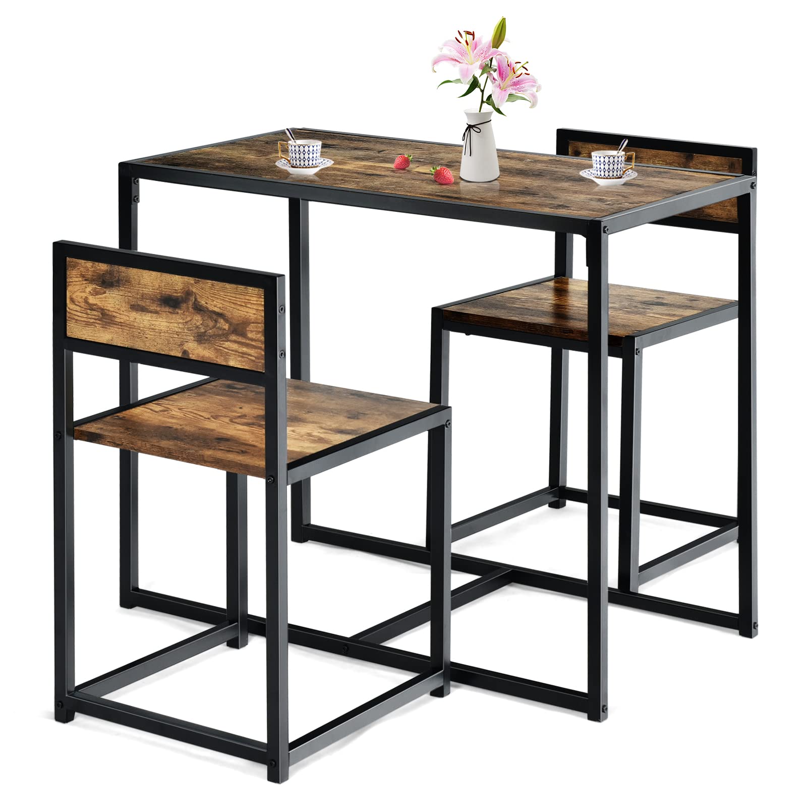 TANGZON 3-Piece Dining Table Set, Metal Frame Kitchen Table and 2 Chairs with Non-Slip Foot Pads, Space Saving Breakfast Bar Tab