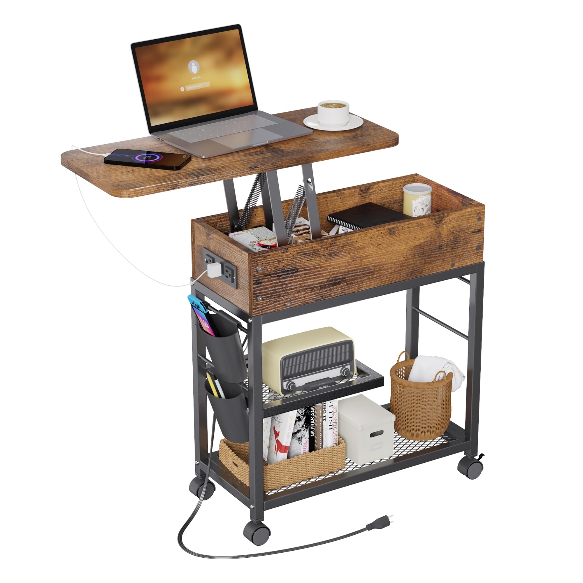Colima Lift Top End Table with Charging Station and Wheels, Sofa Side Table with USB Port & AC Outlets, Movable Bedside Nightsta