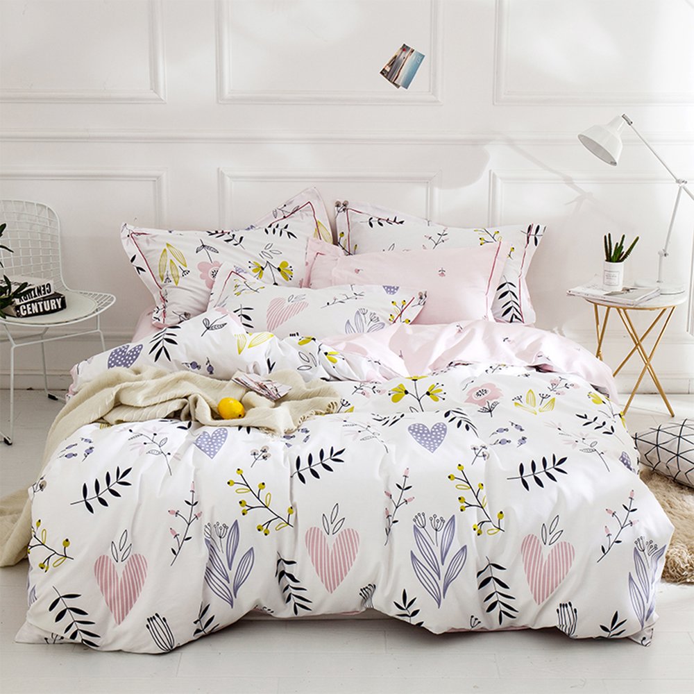 Girls Floral Duvet Cover Twin Boho Floral Aesthetic Bedding Sets Twin White Pink Cotton Kids Teens Flower Comforter Cover Floral