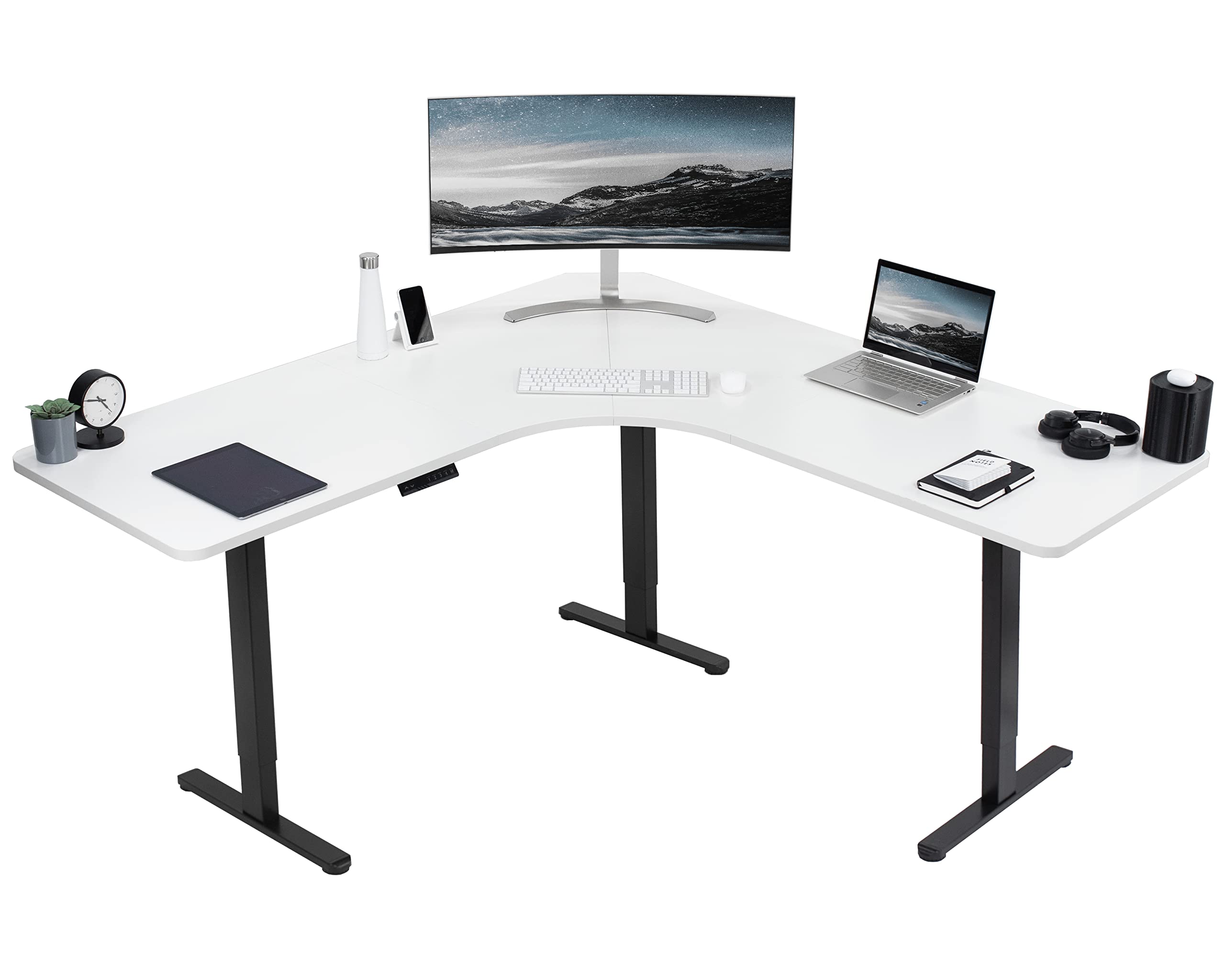 VIVO Electric Height Adjustable 71 x 71 inch Curved Corner Stand Up Desk, White Table Top, Black Frame, Memory Controller, L-Sha
