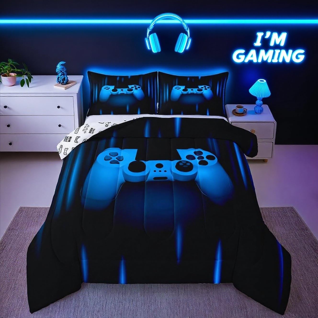 Feelyou Boys Gamer Comforter Set Twin Size Bedding Set for Kids Gaming Comforter Blue Black Video Games Gamepad Room Decor for T