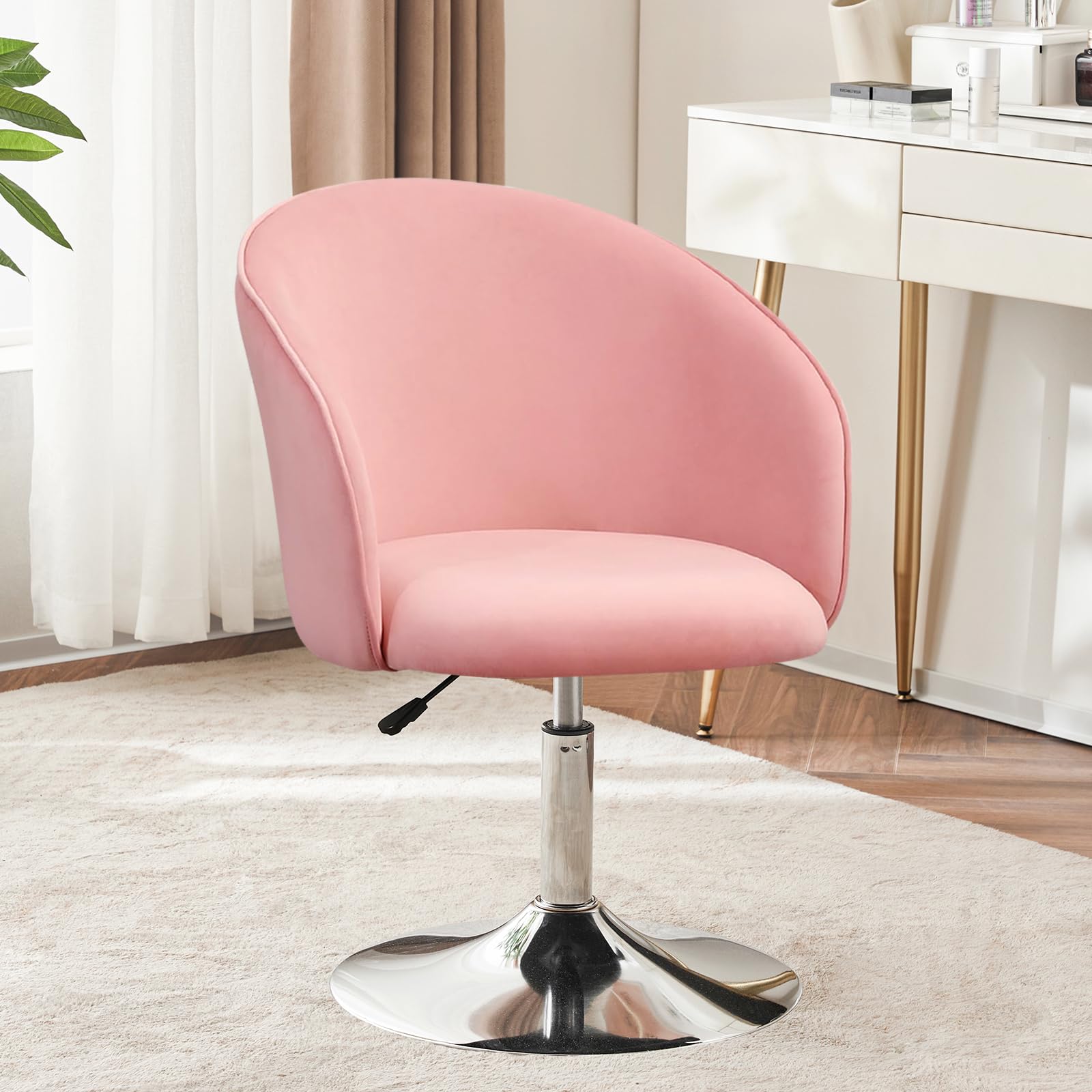 Furnimart Velvet Vanity Chair Height Adjustable Accent Chair Makeup Chair with Chrome Frame, Round Swivel Chair for Living Room 