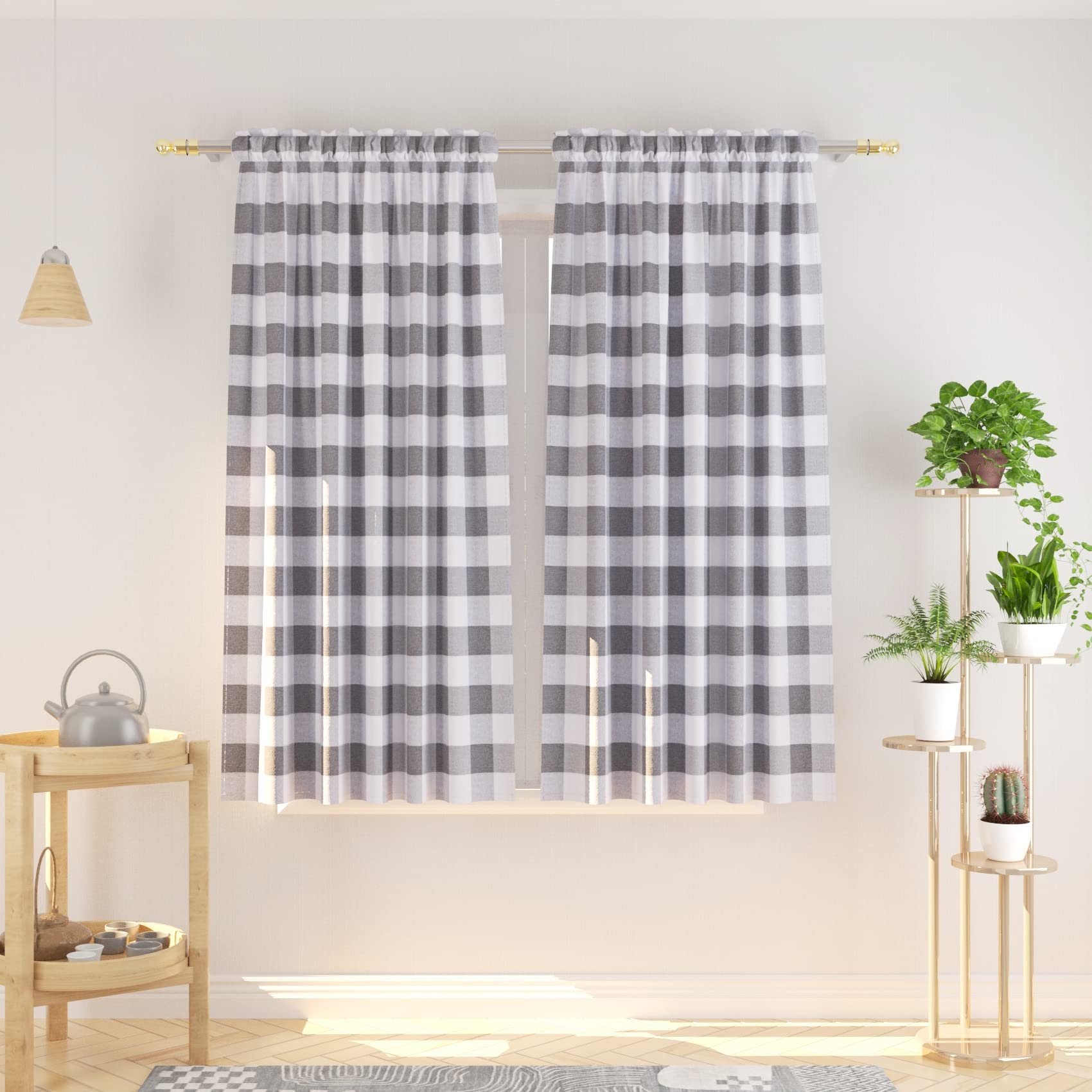 NATUS WEAVER Buffalo Check Curtains 45 inches Long Cotton Basement Grey and White Gingham Plaid Kitchen Window Curtain Panels Li