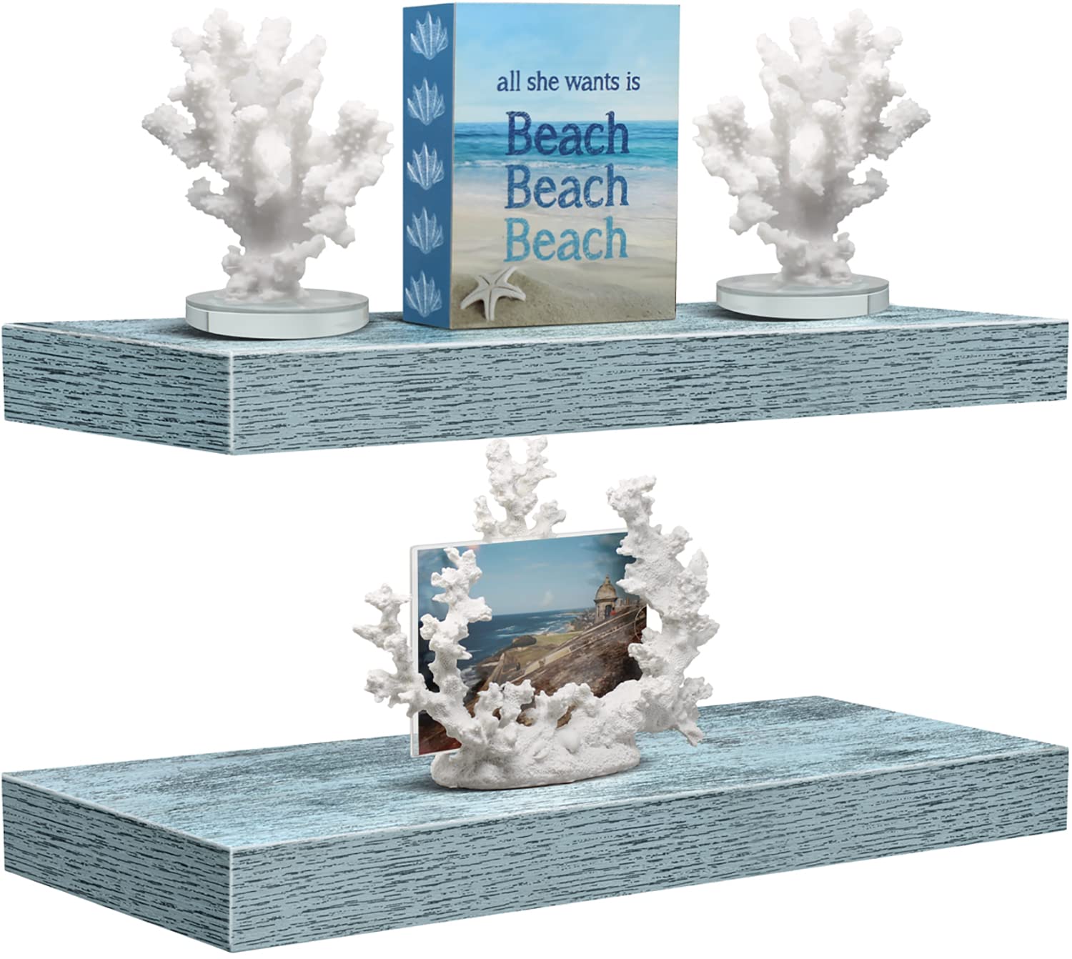 Sorbus Floating Shelf Set - Rustic Engineered Wood Coastal Beach Style Hanging Rectangle Wall Shelves for Home D