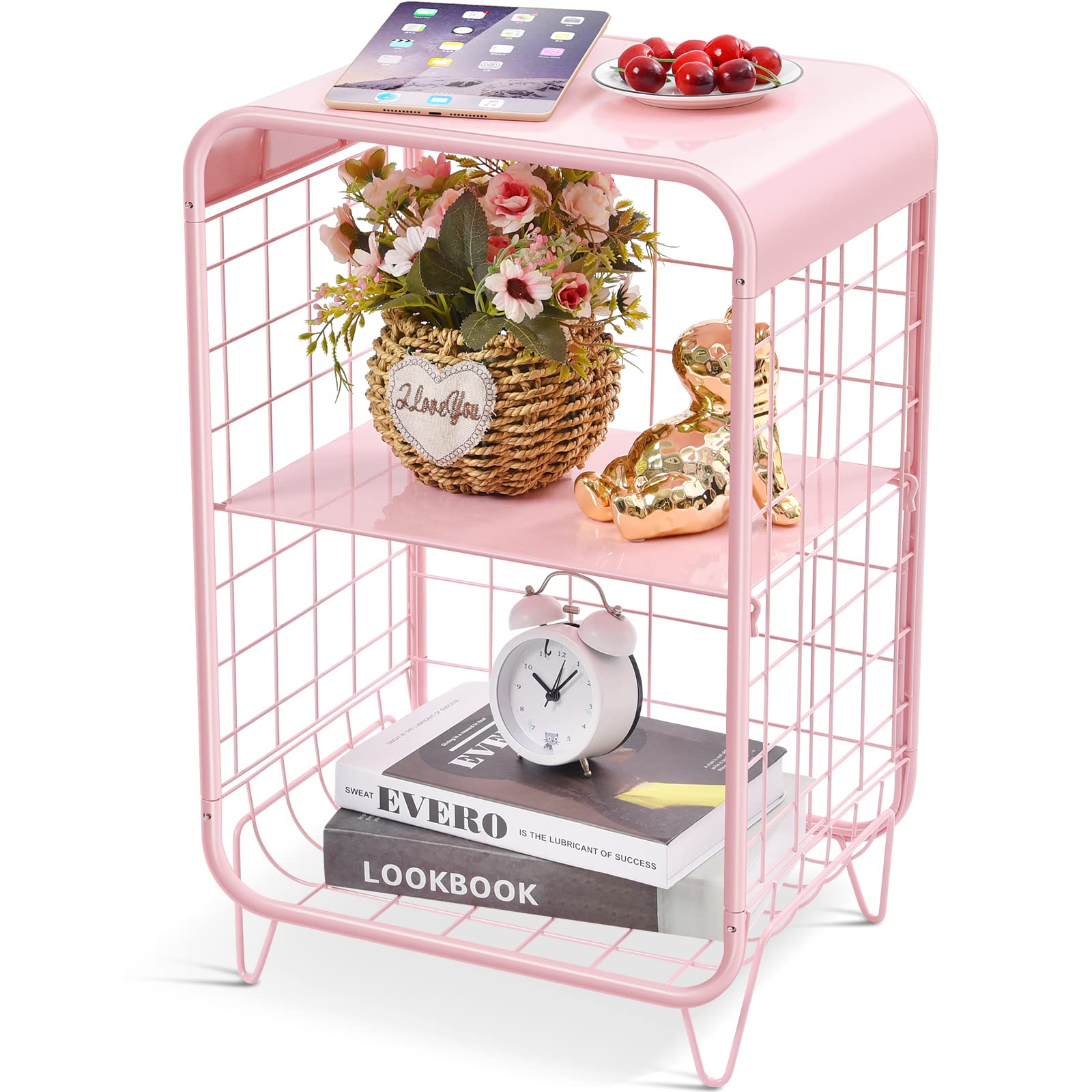 APEXCHASER Cute Kids Pink Nightstand,Metal Side Table,3 Tier End Table with Storage,Vintage Bedside Table,Girls Bedroom Furnitur