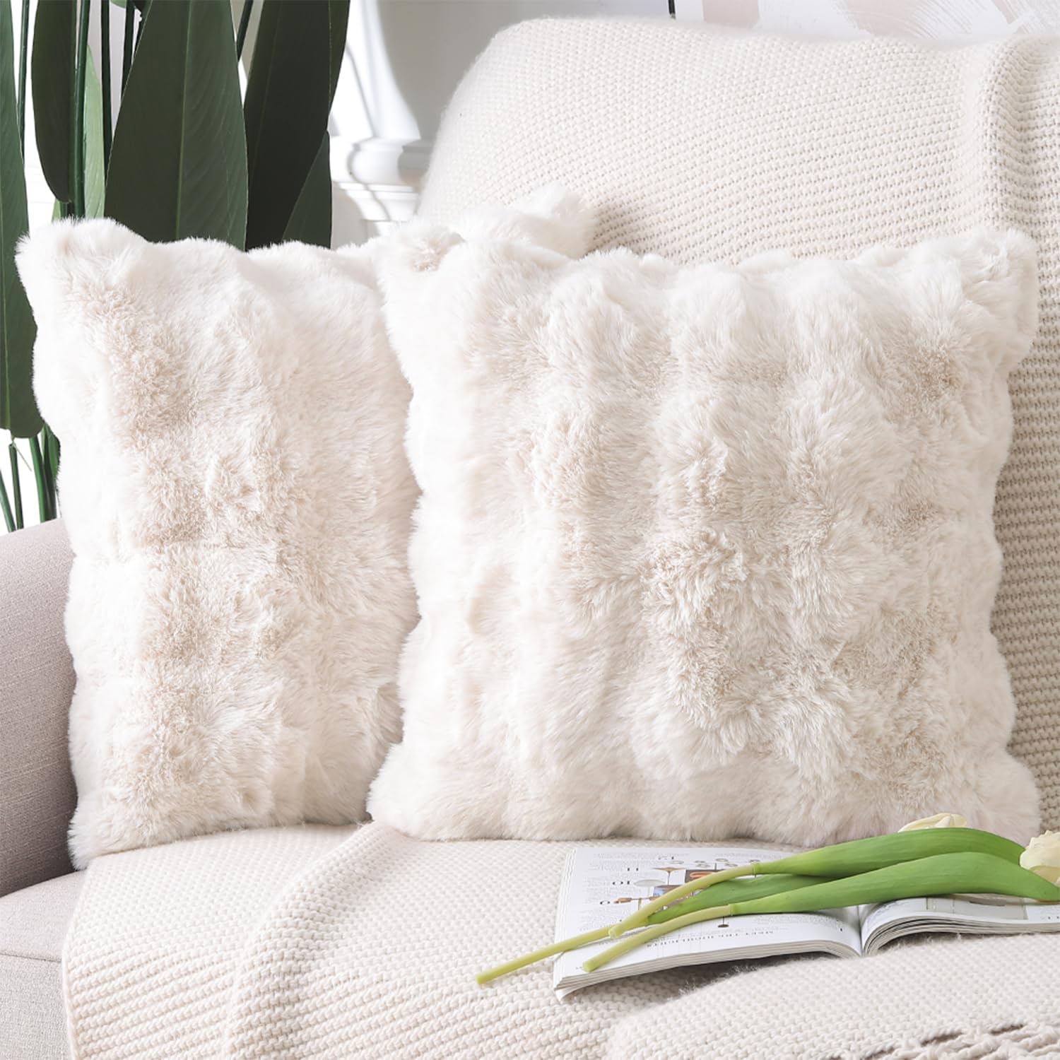 MADIZZ Pack of 2 Thick Plush Wool Throw Pillow Covers 24x24 Inch Cream Soft Decorative Cushion Cover for Sofa Bedroom Pillow She