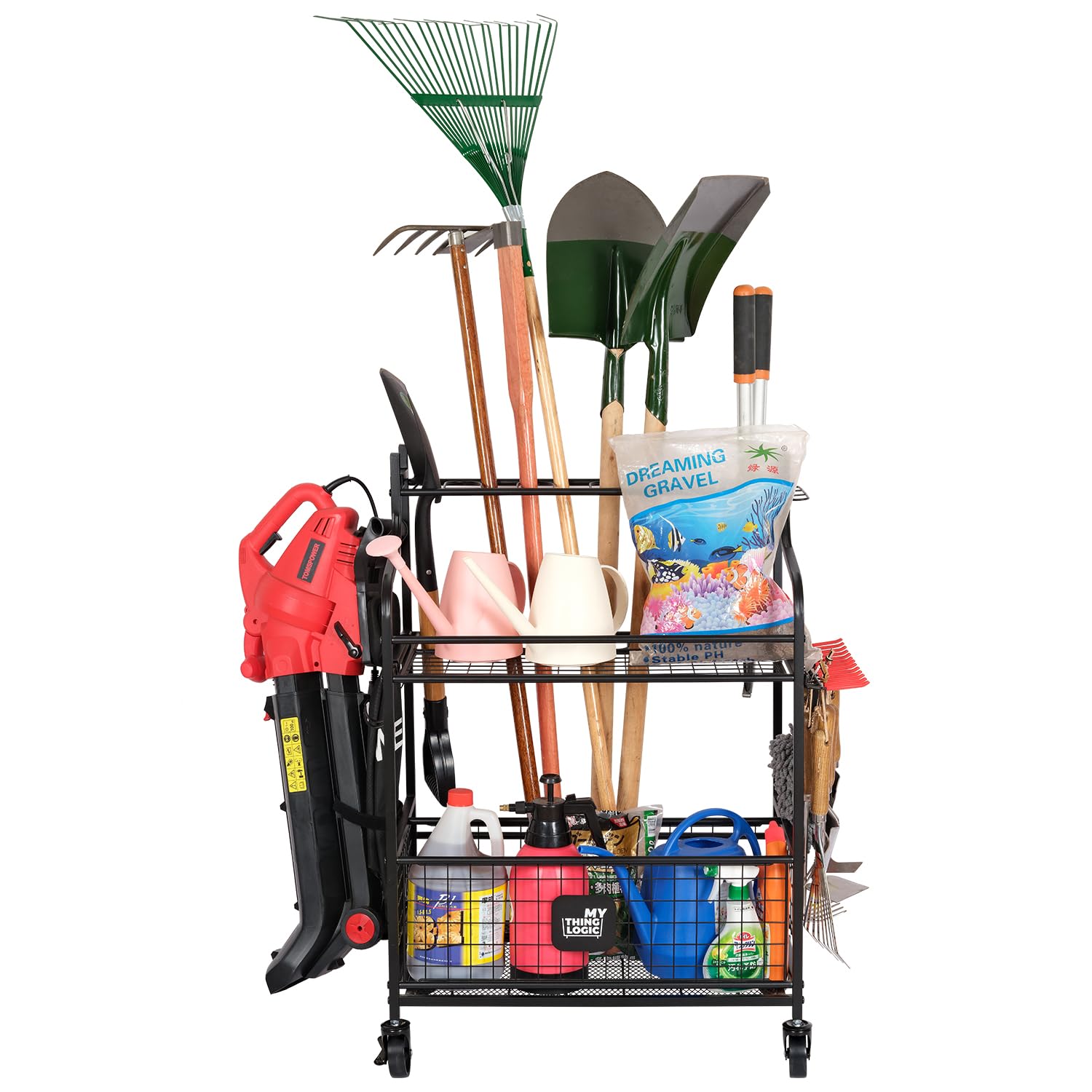 Mythinglogic Garden Tool Organizer for Garage, Yard Tool Rack with Wheels, Garage Organizers and Storage Holder for Yard Tools (