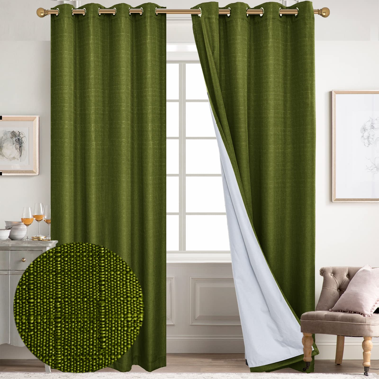 Diraysid 100% Blackout Curtains Olive Green Linen Curtains for Bedroom Grommet Thermal Insulated Room Darkening Drapes (2 Panels