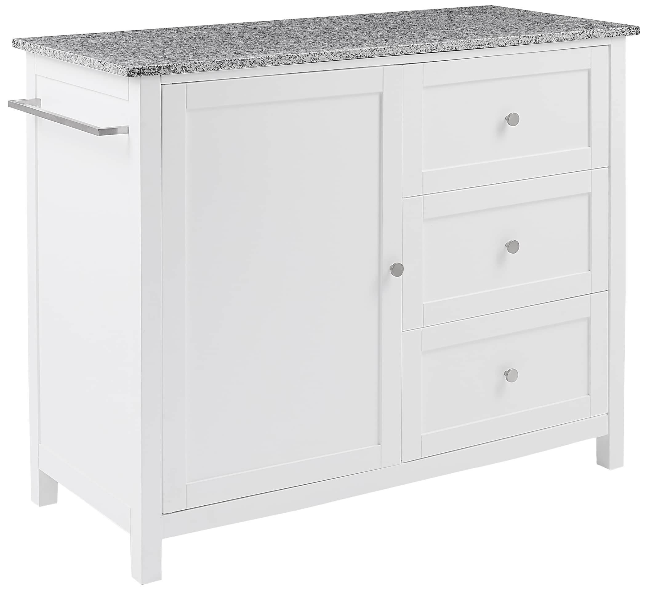 Crosley Furniture Soren Granite Top Rolling Kitchen Island Cart, Microwave Stand, Coffee Bar, with Shelves, White