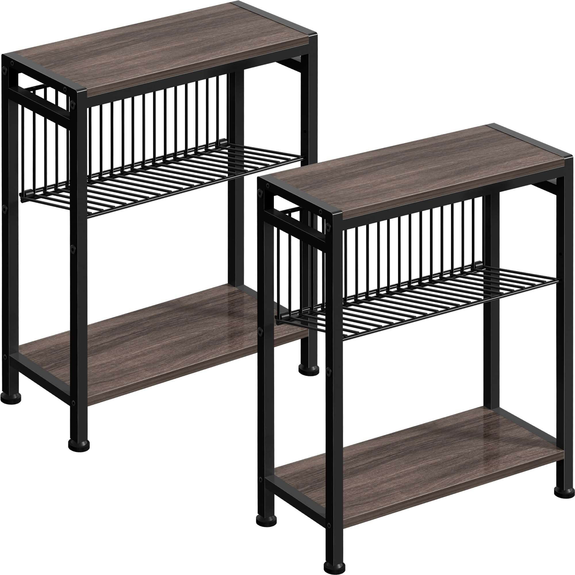 Homedawn Small Side Table Set of 2 for Small Space, 3-Tier Narrow End Tablewith Magazine Holder,Small Nightstand, Skinny Snack C