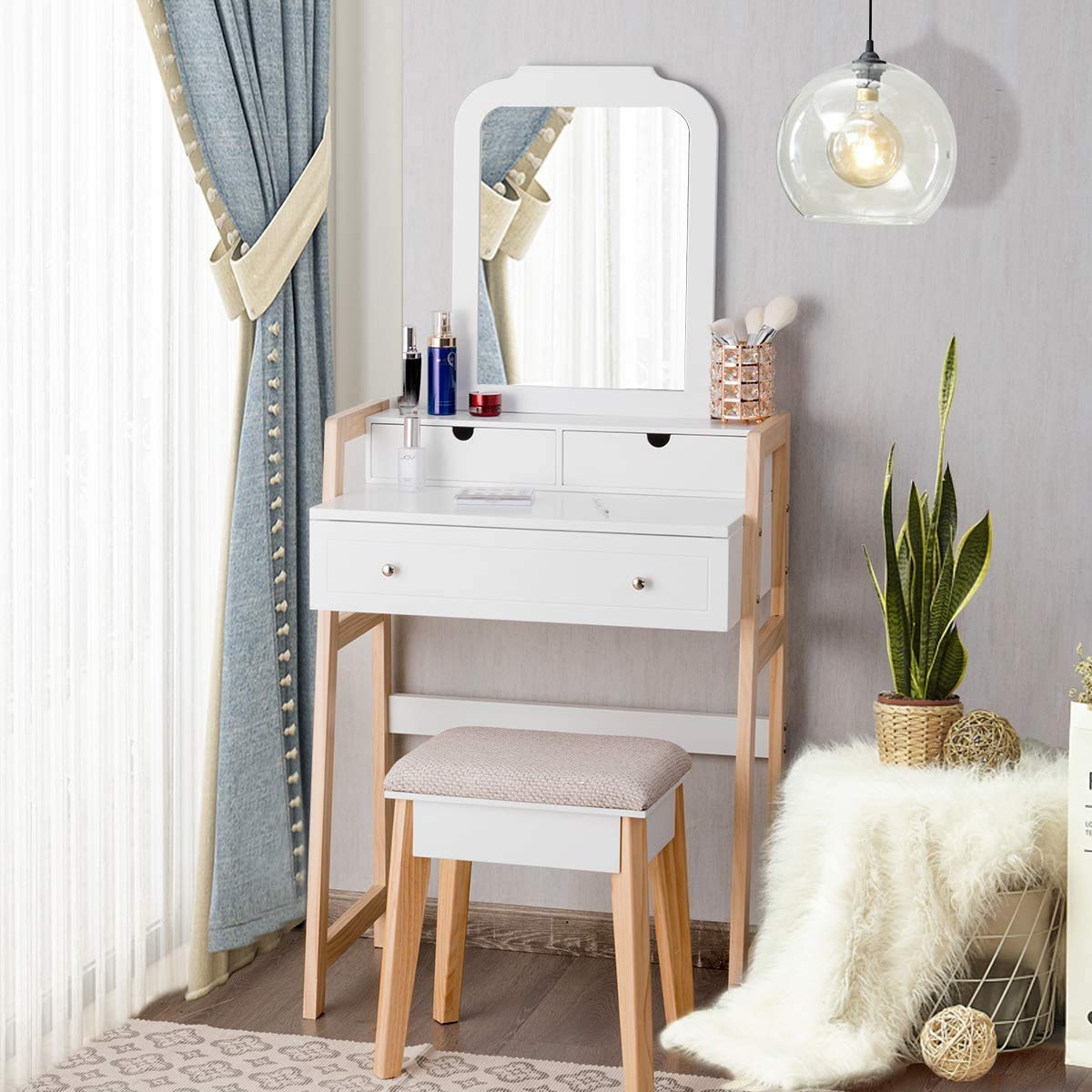 CHARMAID Vanity Set with 3 Drawers, 25inch Vanity Desk with Large Mirror and Cushioned Stool, Ideal for Small Place Apartment, U