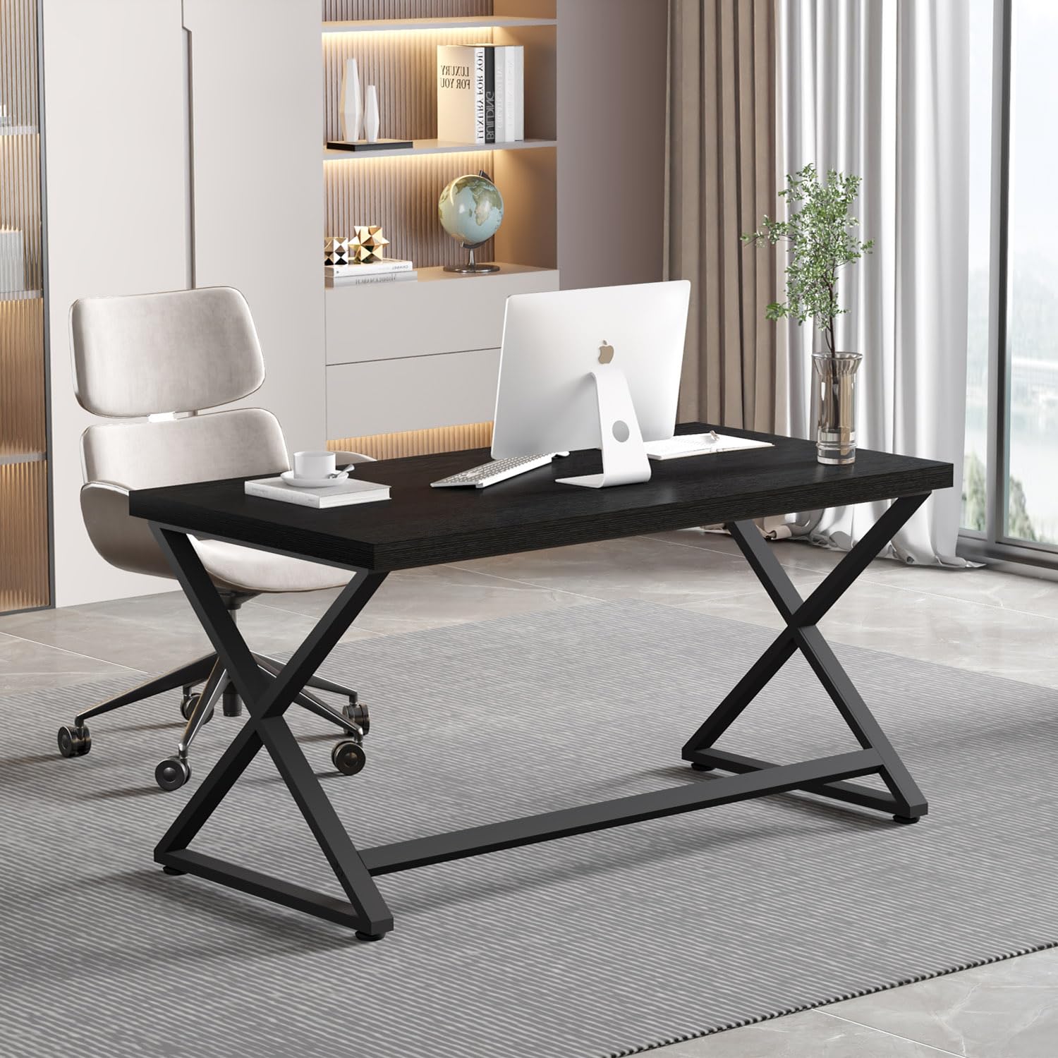 IBF Black Computer Desk, Simple Work Desk for Home Office, Industrial Writing Study Desk in Bedroom, Modern Wood Metal Pc Gaming