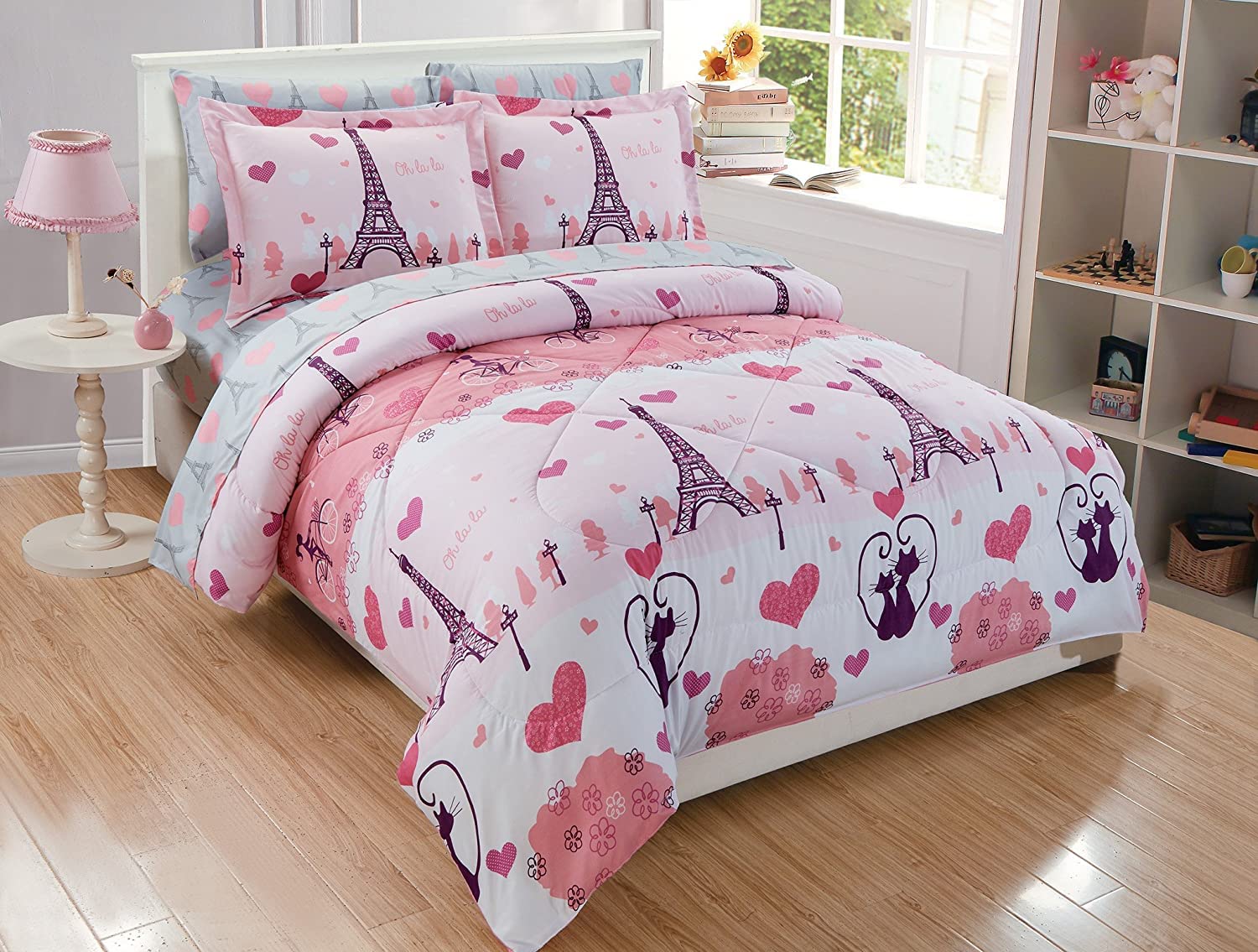 Fancy Linen Teens/Girls Comforter Set Paris Eiffel Tower Hearts Pink Grey New # Paris (Queen)