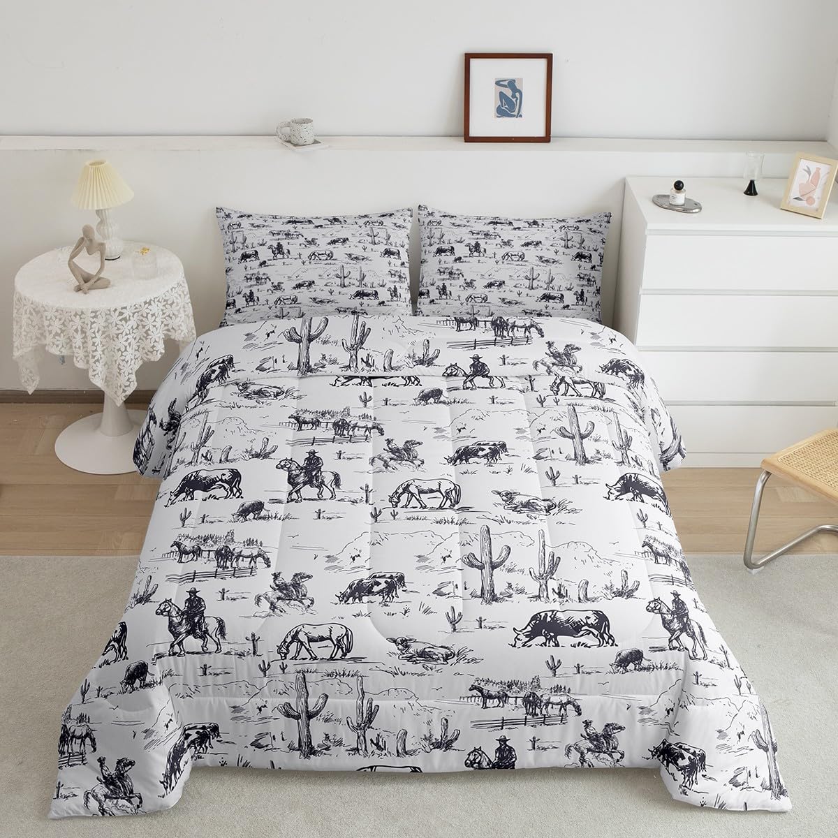 Feelyou Western Comforter Set Toddler Size, White and Black Cowboy Cow Bedding Set Cowboy Comforter Desert Cactus Duvet Set Soft