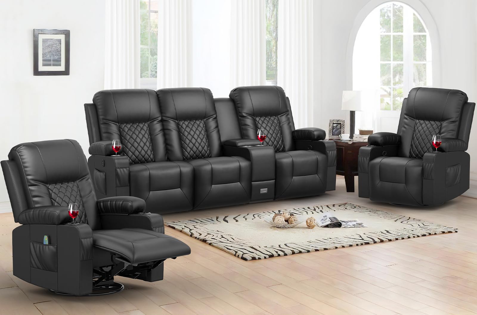 YONISEE Recliner Sofa Set, 3 Seat Recliner Sofa with 2 Pieces 360 Swivel Recliner Chair with Heat and Massage, Manual Recliner H
