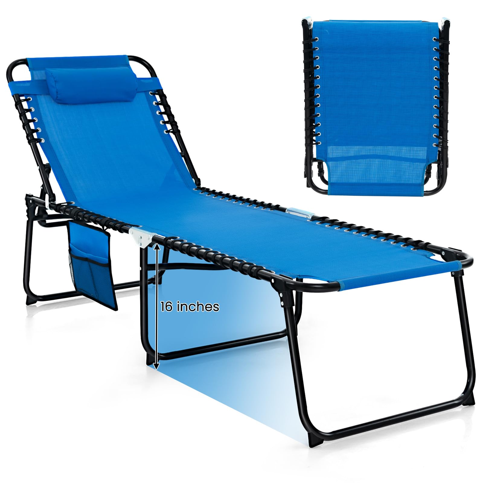 GYMAX Lounge Chairs for Outside, Extra High Folding Beach Tanning Lounger with Adjustable Backrest, Footrest & Removable Pillow,
